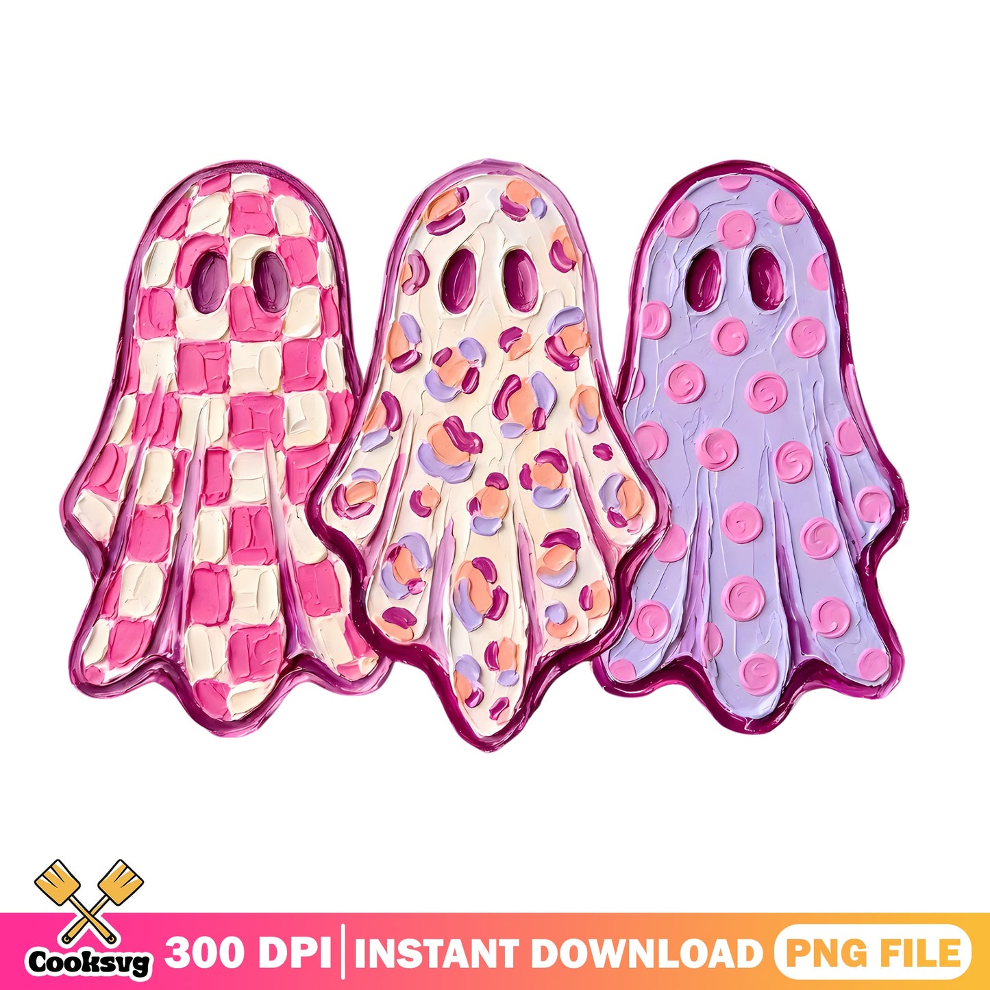 Pink Ghost Halloween PNG, Cute Ghost Trio, Spooky Halloween PNG