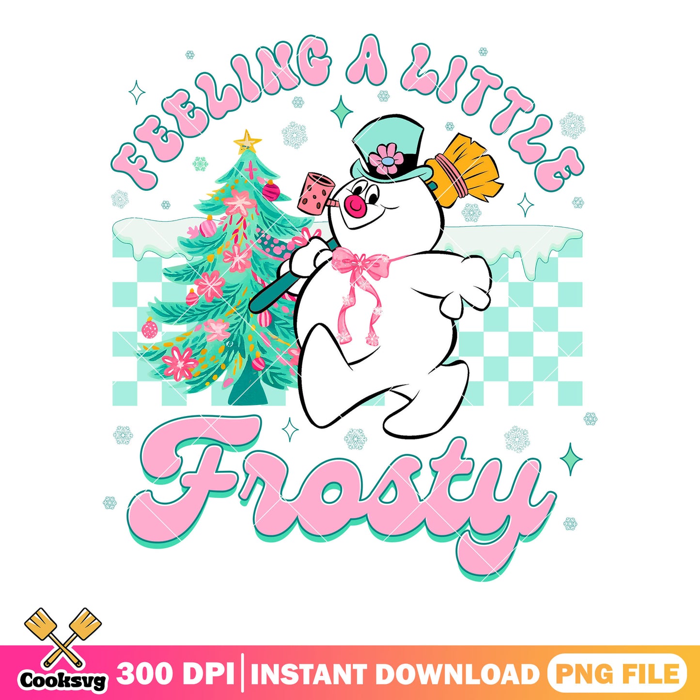 Pink christmas frosty png, tree and bow png, cute snowman pastel png