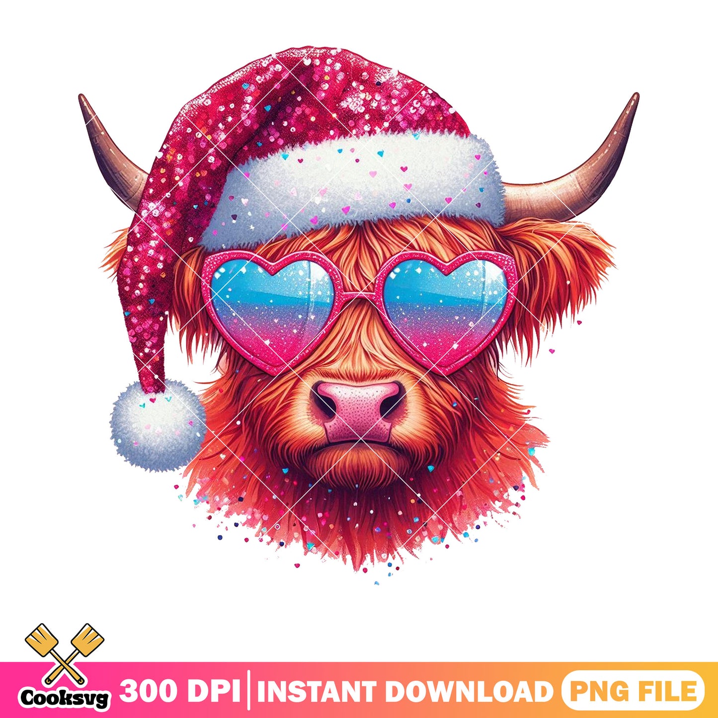 Pink glitter highland cow png, western farmhouse png, cute heifer png