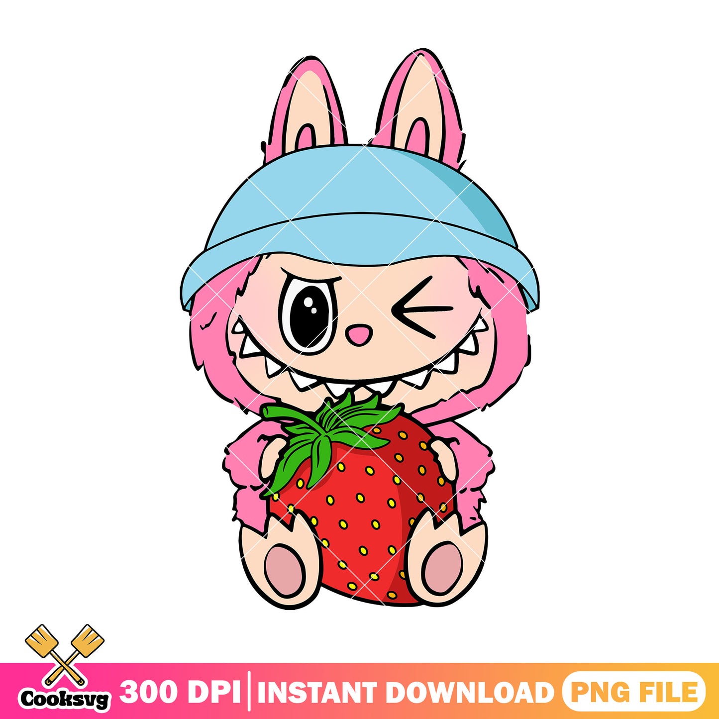 Pink labubu and strawberry png, cute labubu png, labubu popmart png