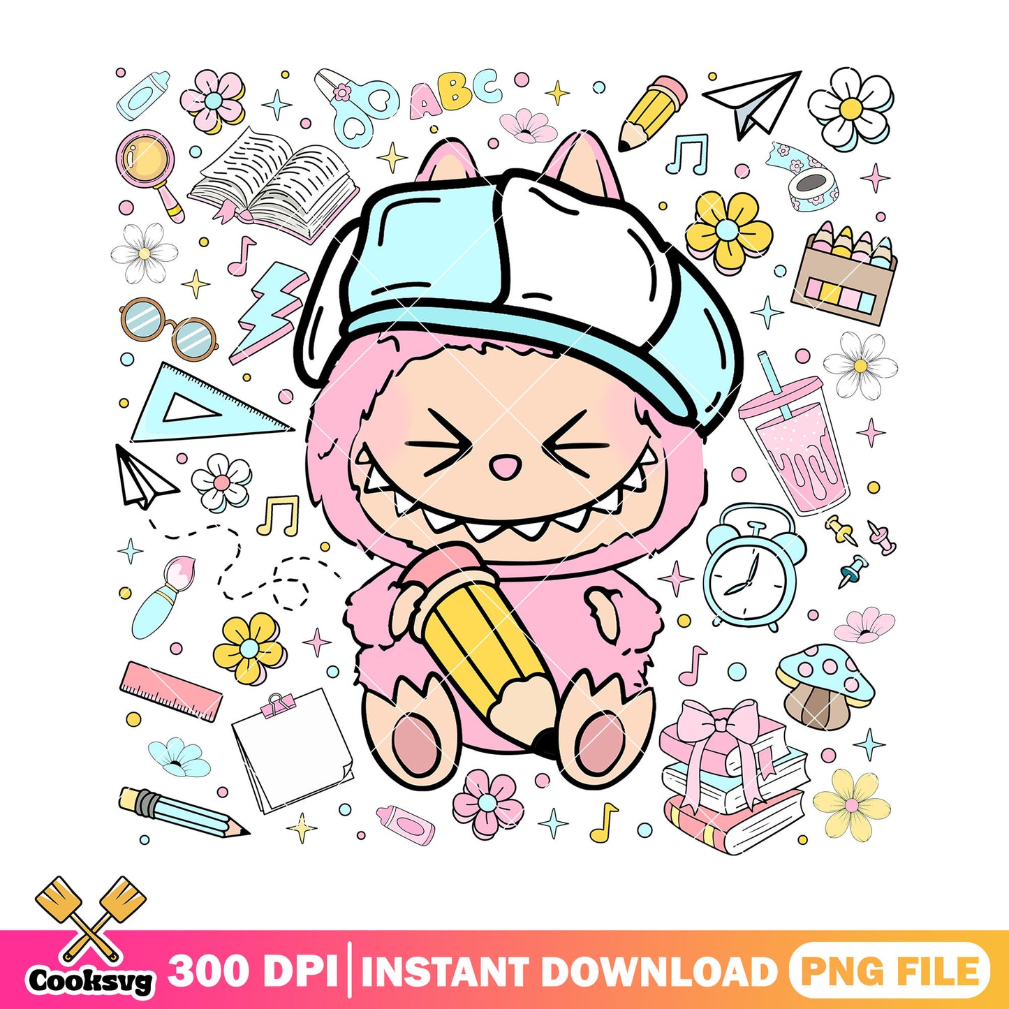 Pink labubu back to school png, hehe labubu png, labubu popmart png