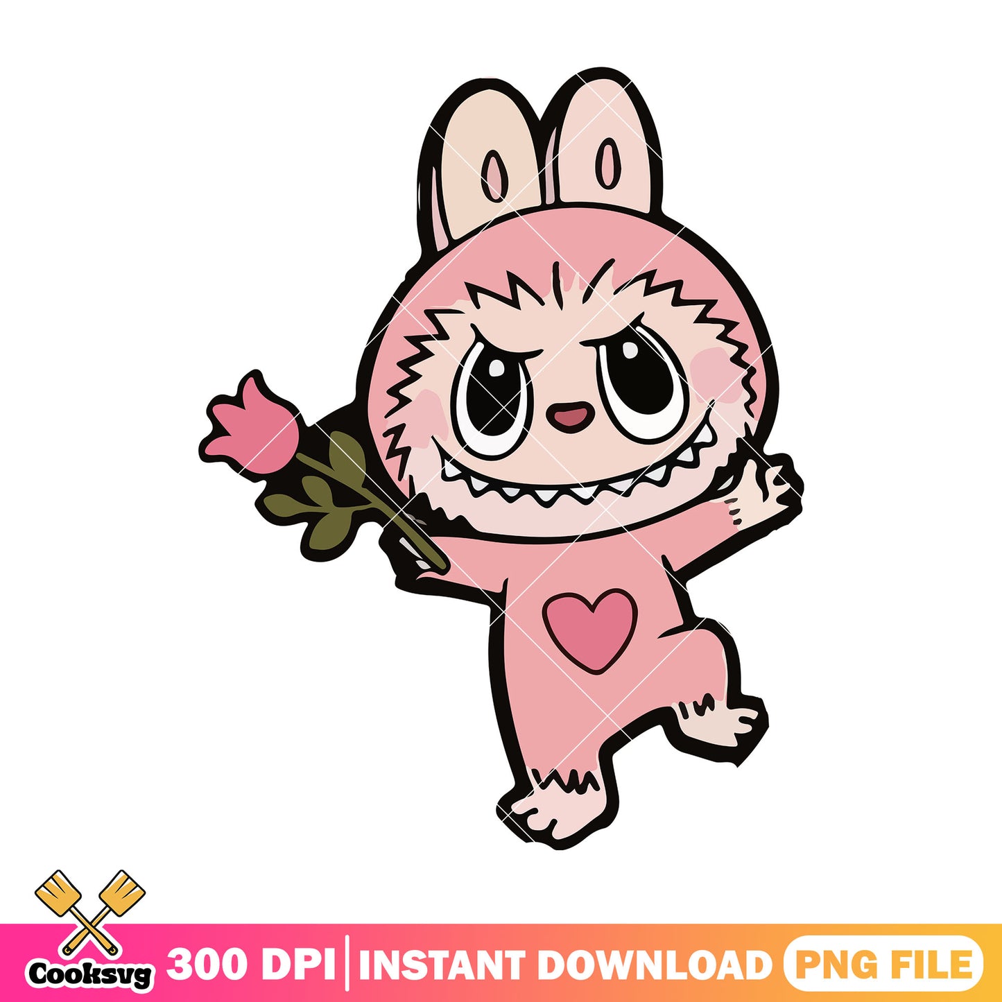 Pink labubu with rose png, labubu cute png, labubu popmart png