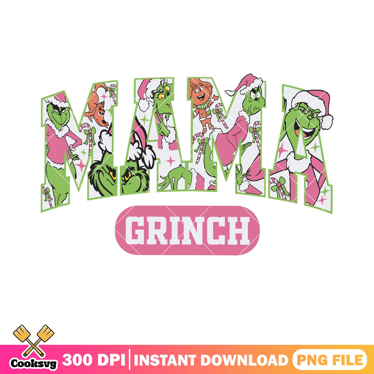 Pink mama grinch png, squad christmas png, font design png