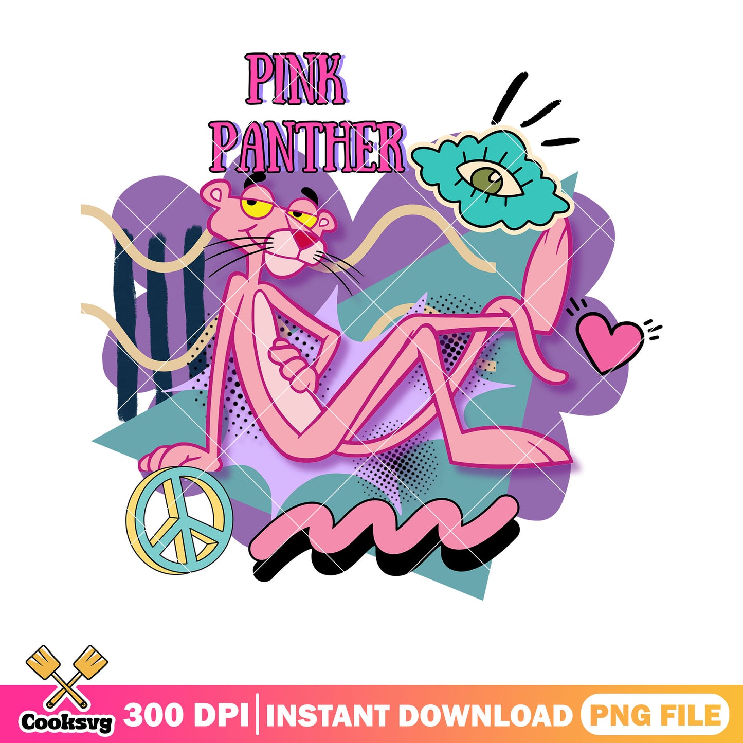 Pink panther peace sign png, pink panther retro png, cloud eye png