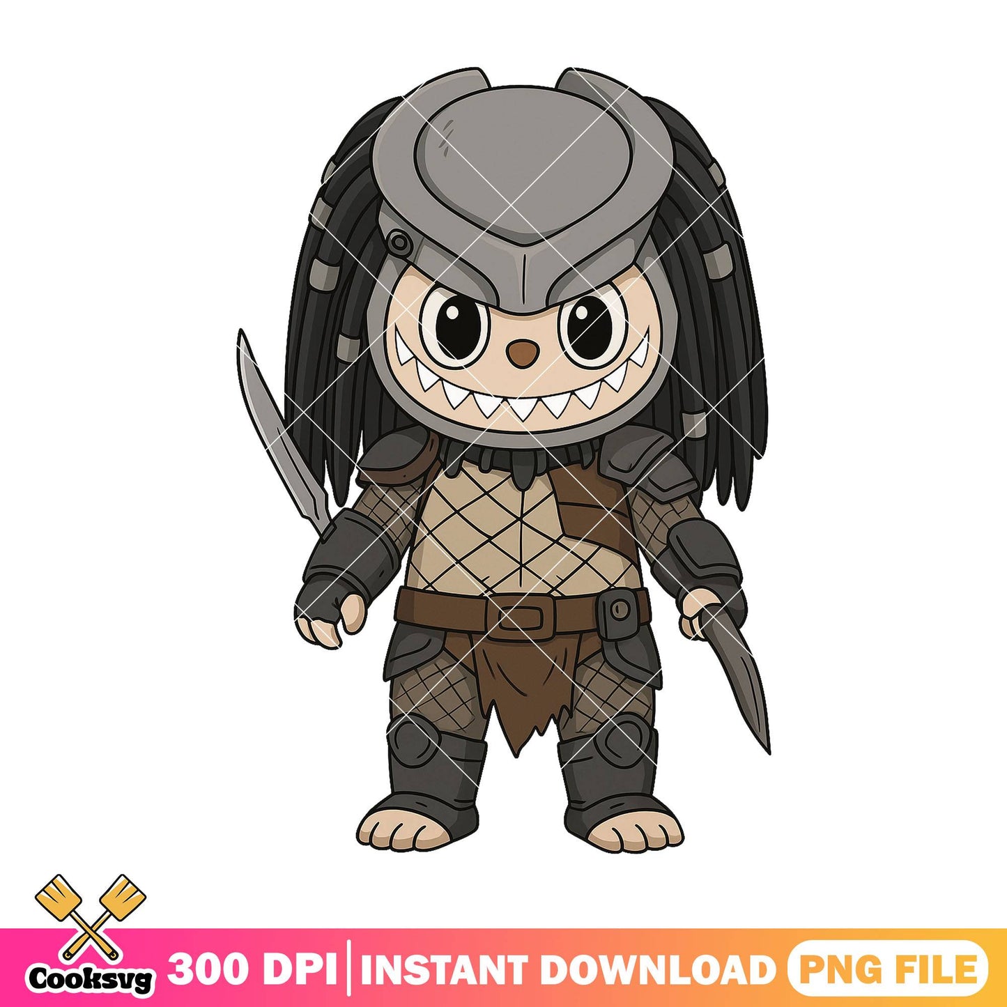 Predator outfit labubu png, spirit halloween png, labubu happy png