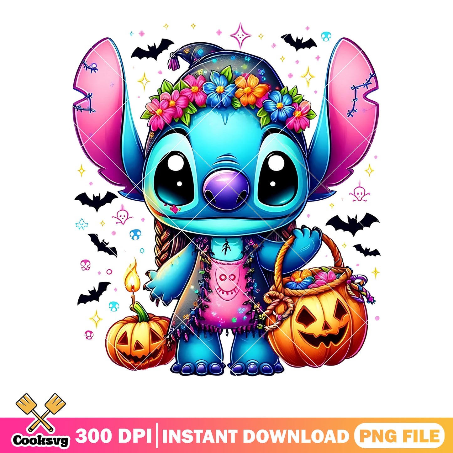 Pumpkin basket stitch png, scary halloween png, scary bats png