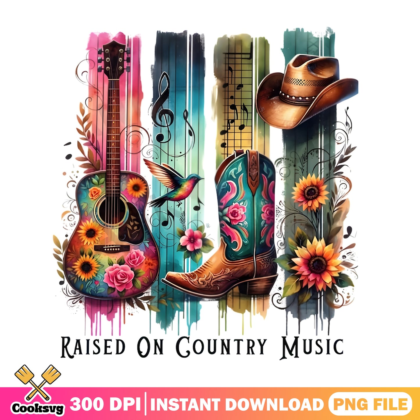 Raised On Country Music PNG, Cowboy Boots Guitar PNG, Western PNG