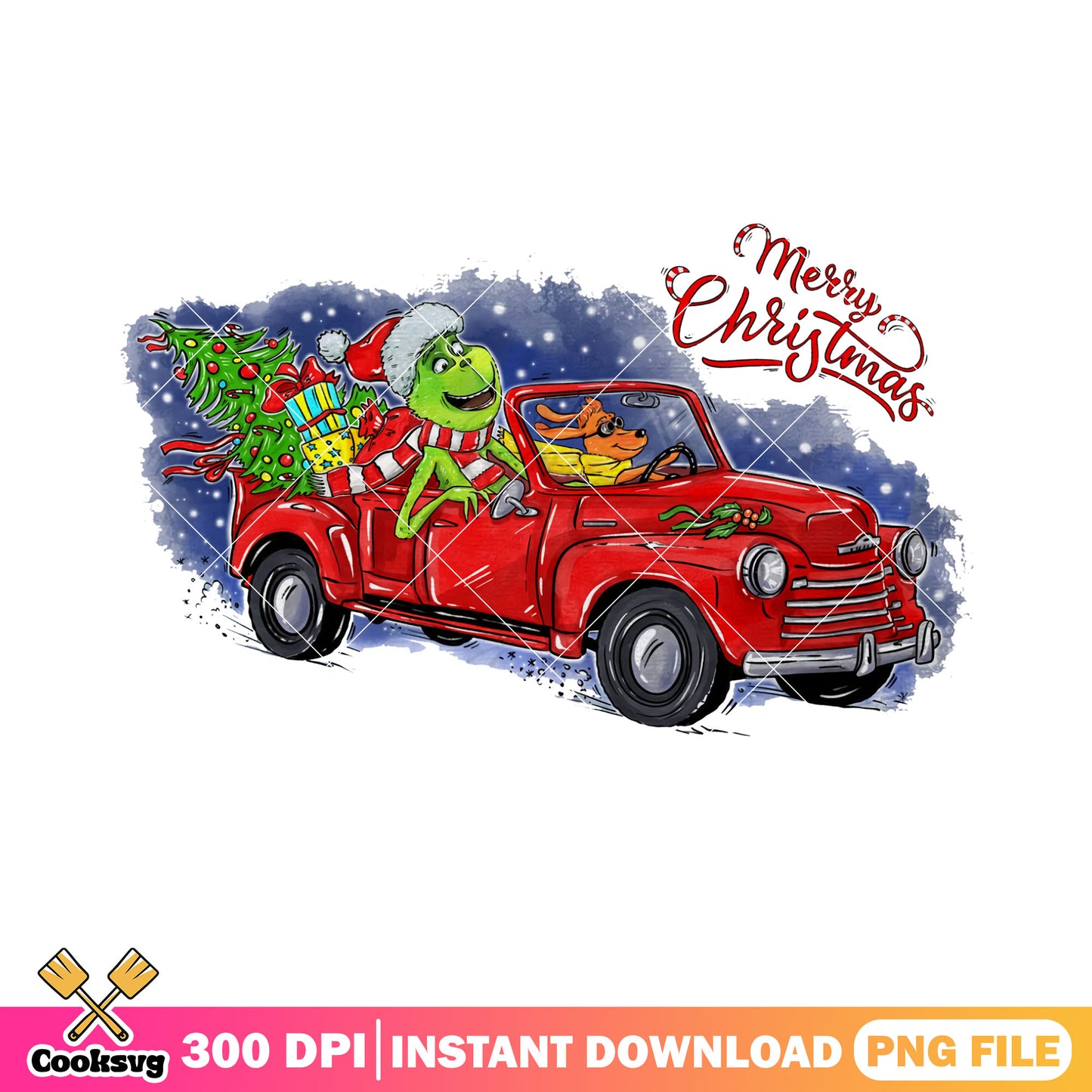 Red truck in snow night png, christmas tree png, the grinch png