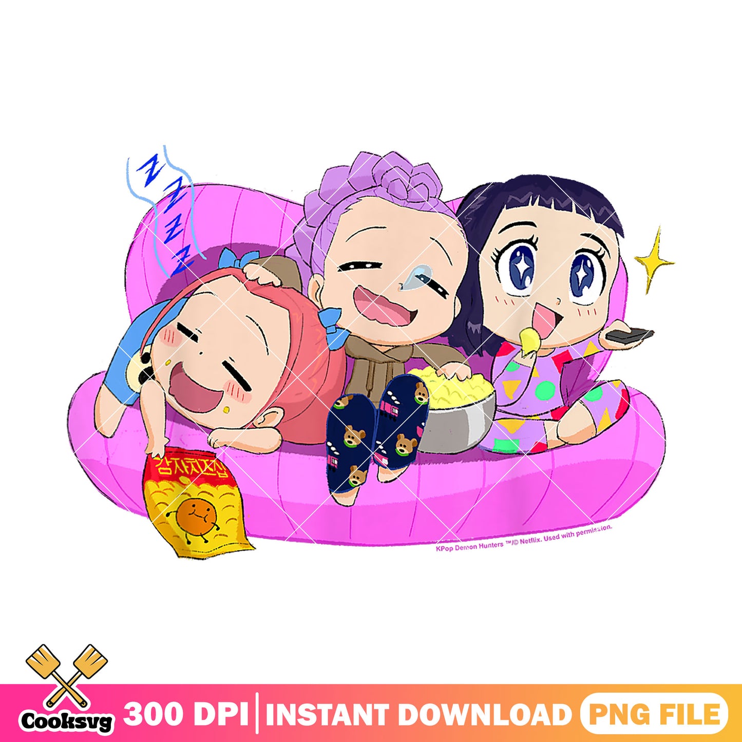 Relaxing couch chibi girl png, huntrix girl png, kpop huntrix png