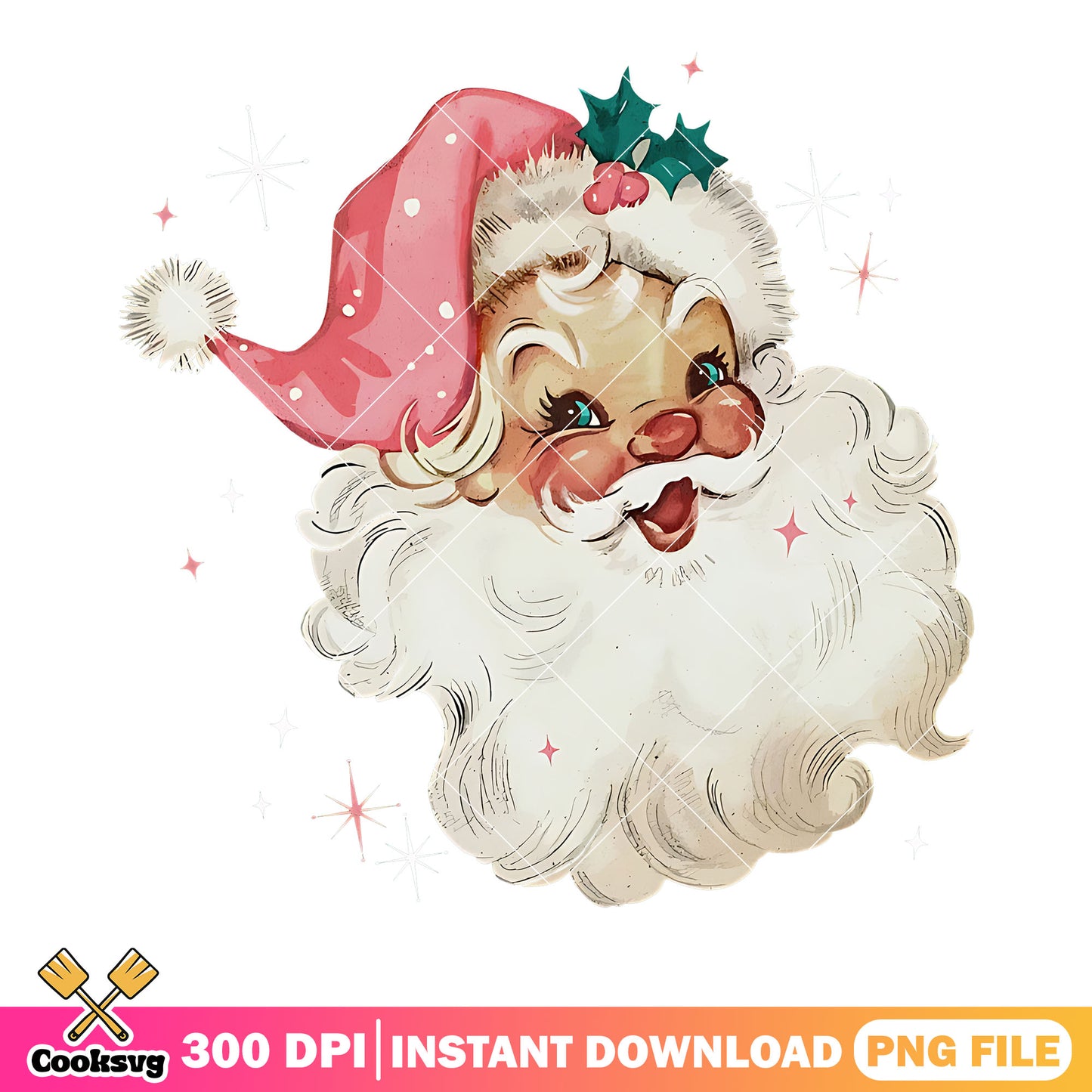 Retro vintage christmas png, santa vintage png, holly hat pink png