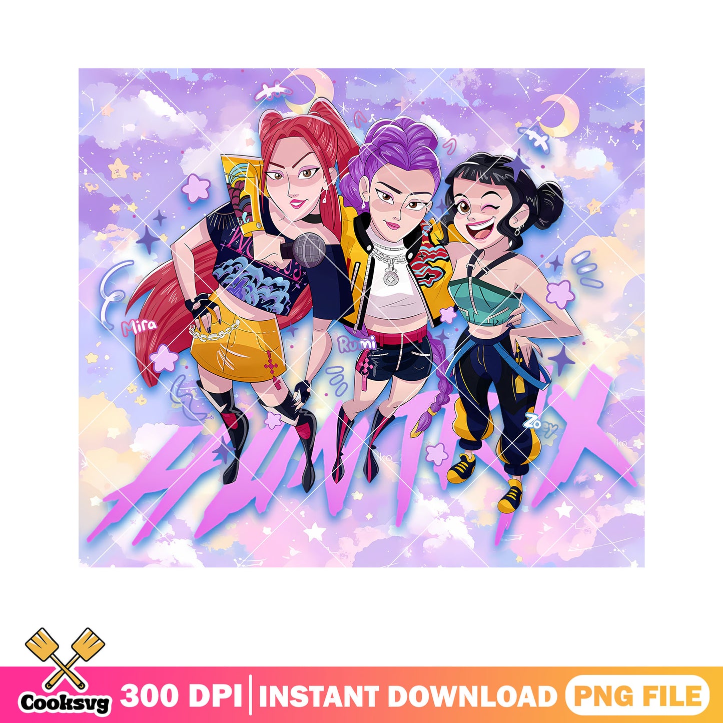 Rumi mira zoey pop logo png, huntrix pop png, poster huntrix pop png