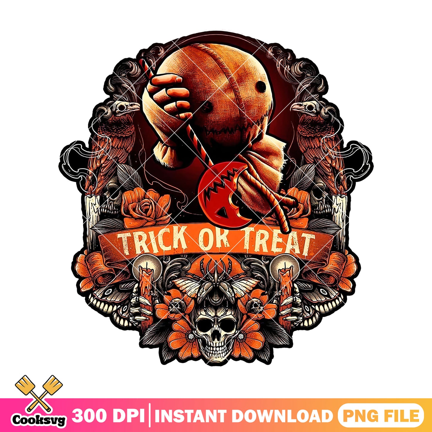 Sam doll trick or treat sticker design png, sitting sam png