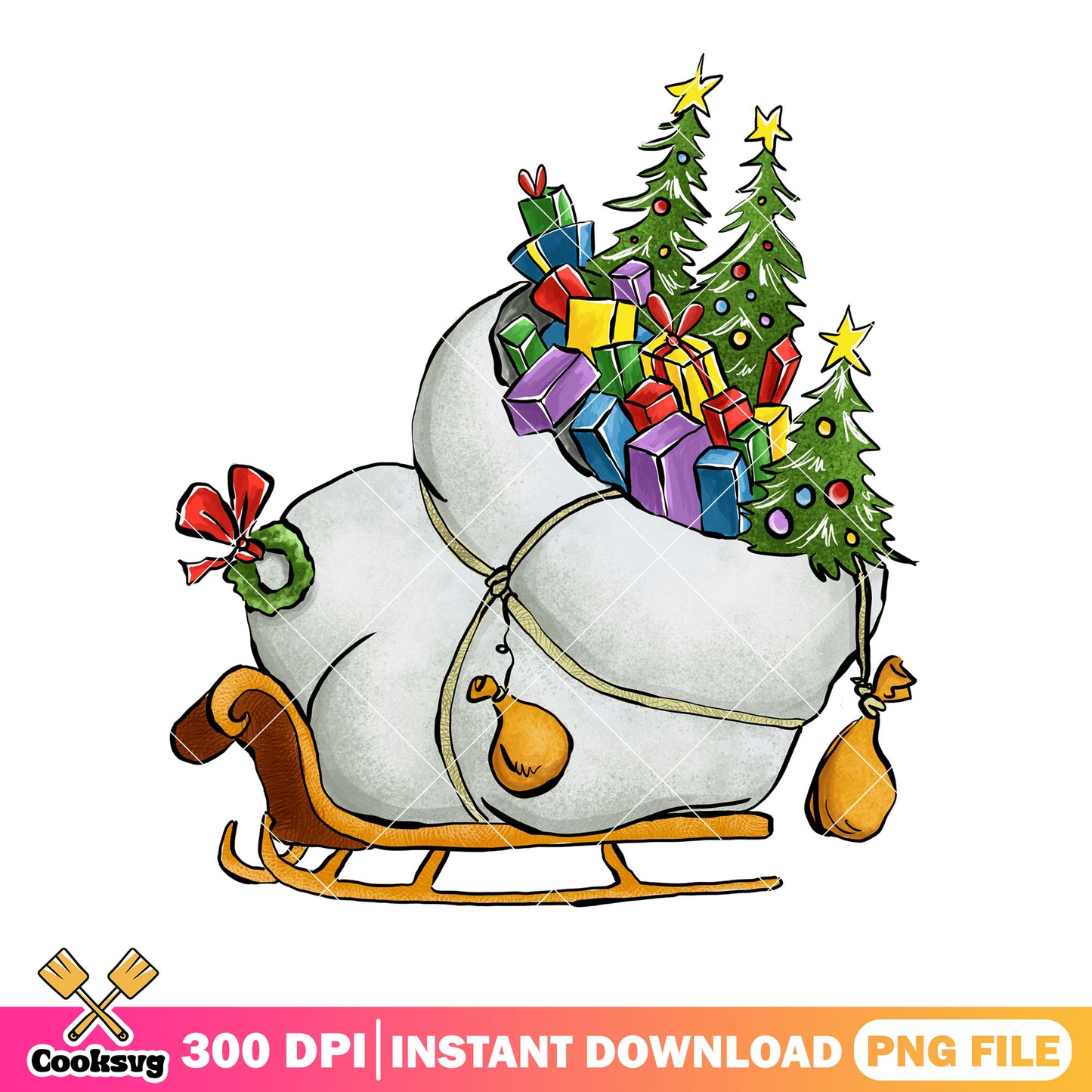 Santa sleigh xmas gifts png, christmas tree png, christmas wreath png