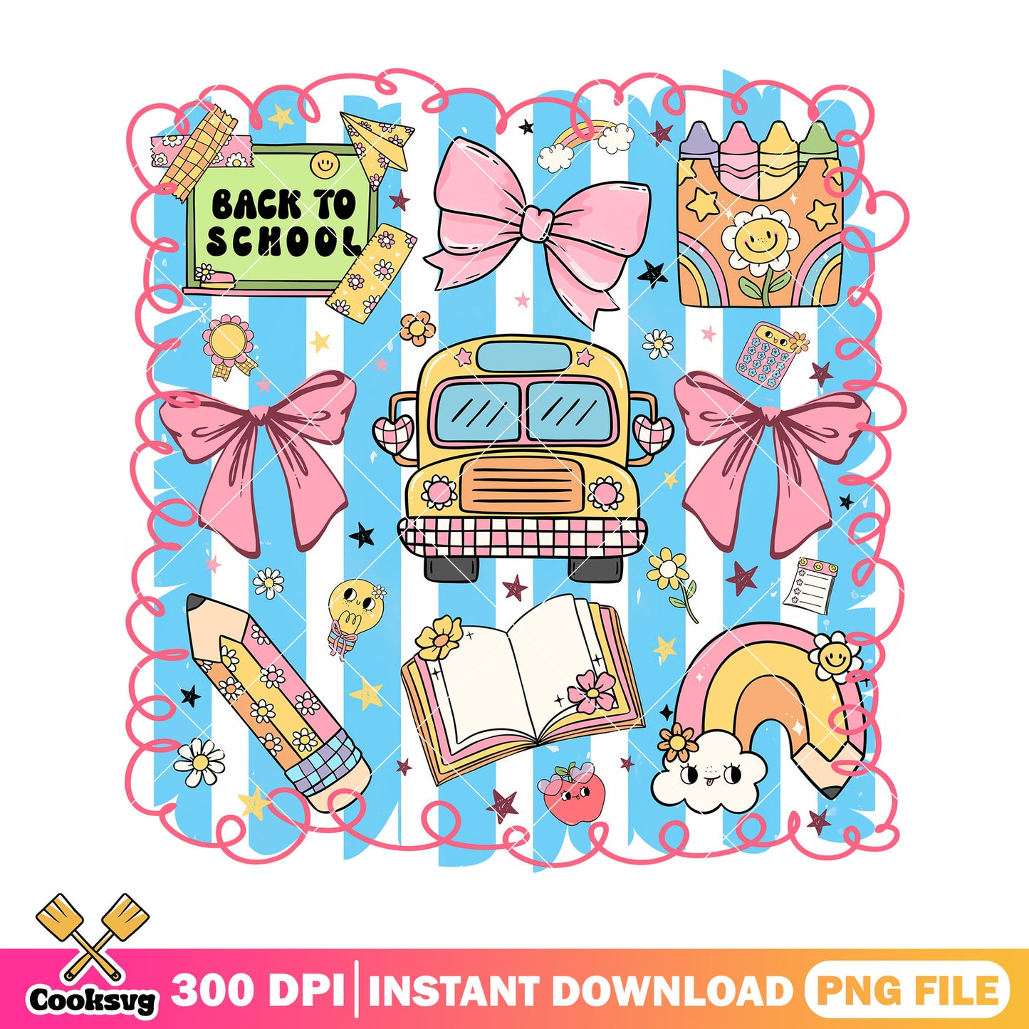 School bus design file png, supllies art png, back to school day png