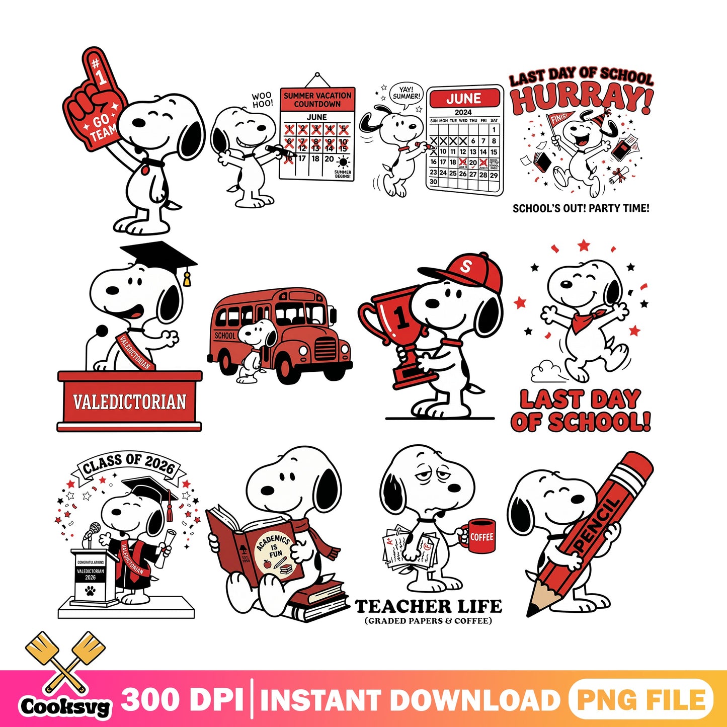 Snoopy Last Day Of School PNG Bundle, Teacher Life PNG, Graduation PNG