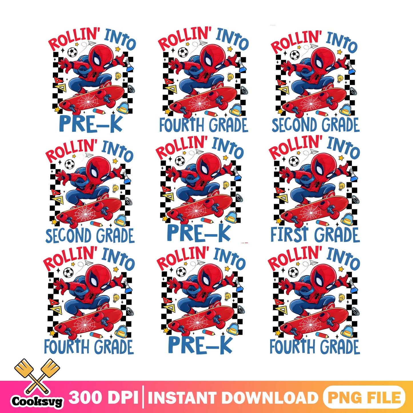 Spiderman Rollin Into Grade PNG Bundle, Back To School PNG, Superhero PNG