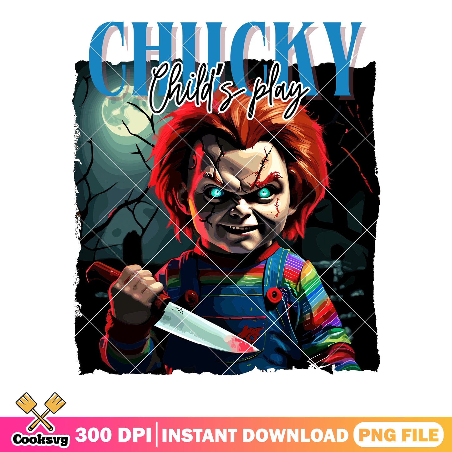 Spooky forest bloody knife png, chucky doll png, halloween scary png