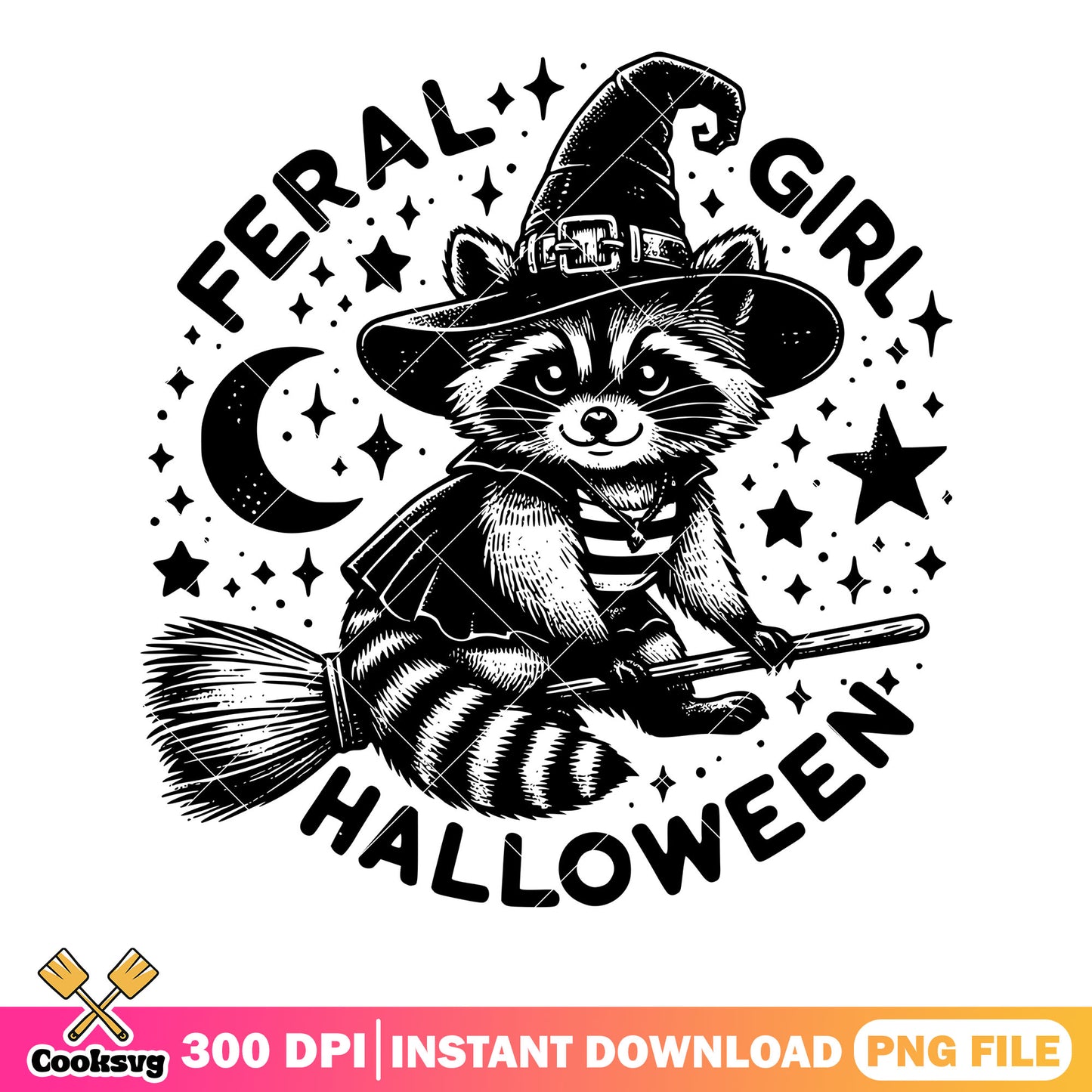 Starry night raccoon witch png, cresnt moon png, halloween scary png
