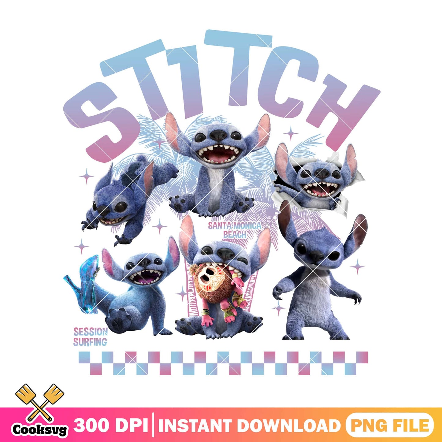 Stitch santa monica beach png, stitch beach png, pink stitch png