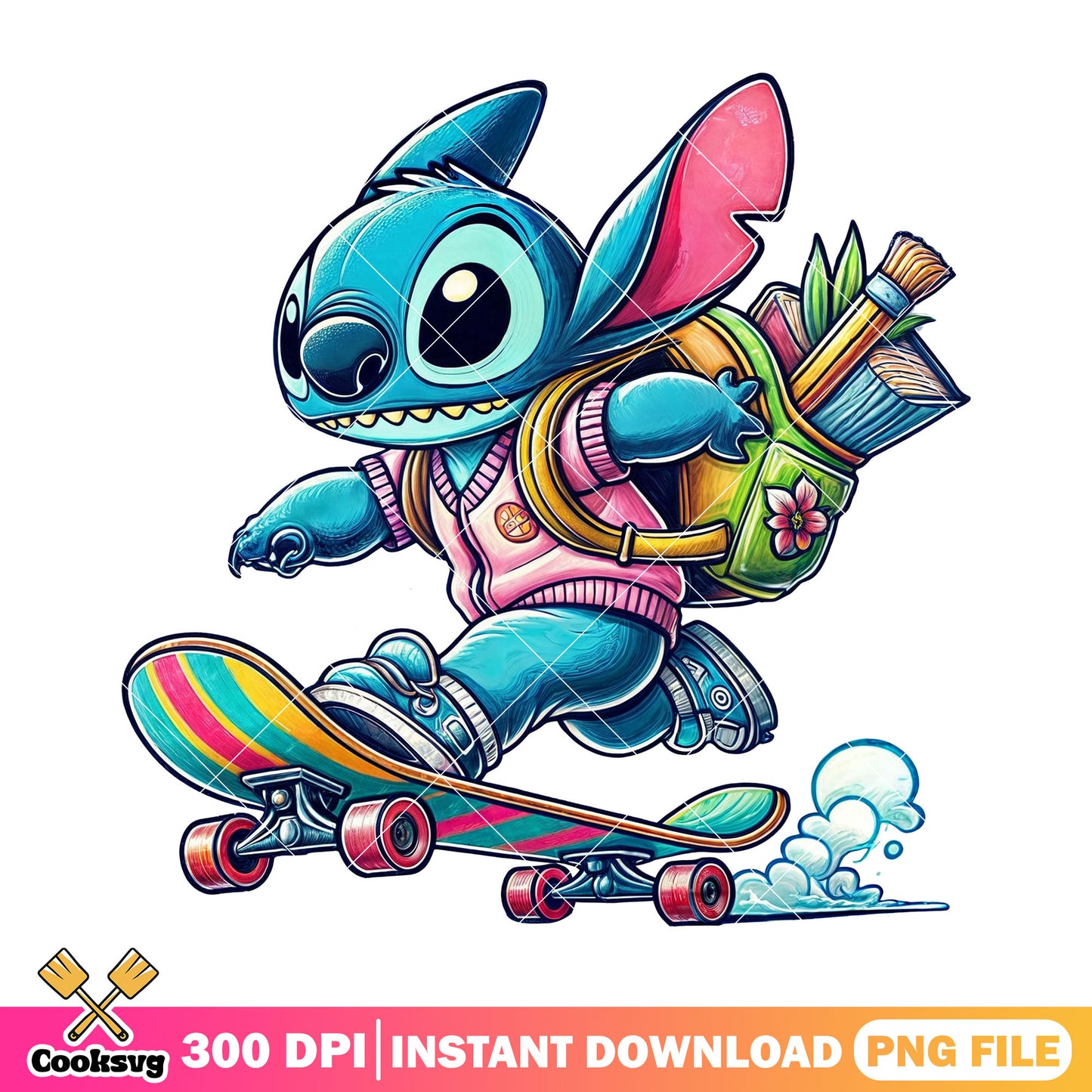 Stitch skateboarding file png, blue stitch png, go back to school png