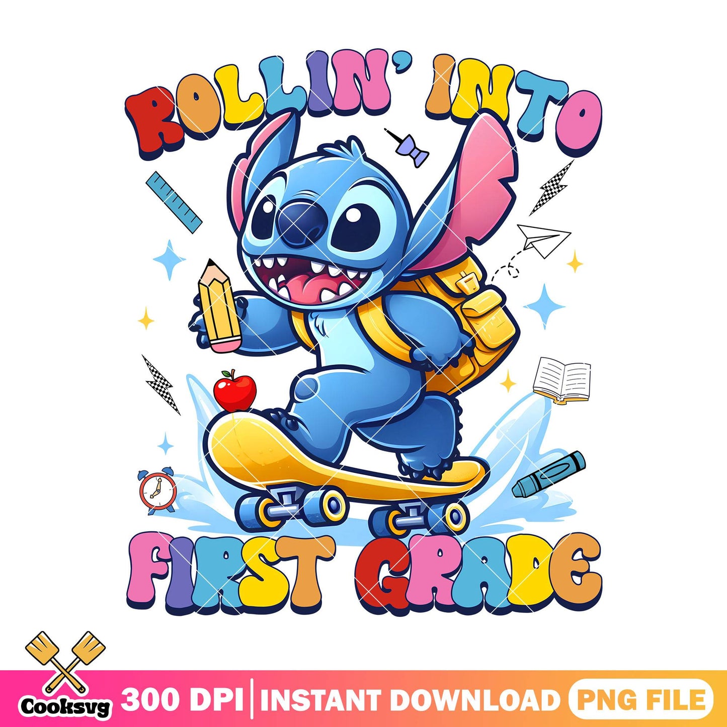 Stitch skateboarding png, disney cartoon png, go back to school png