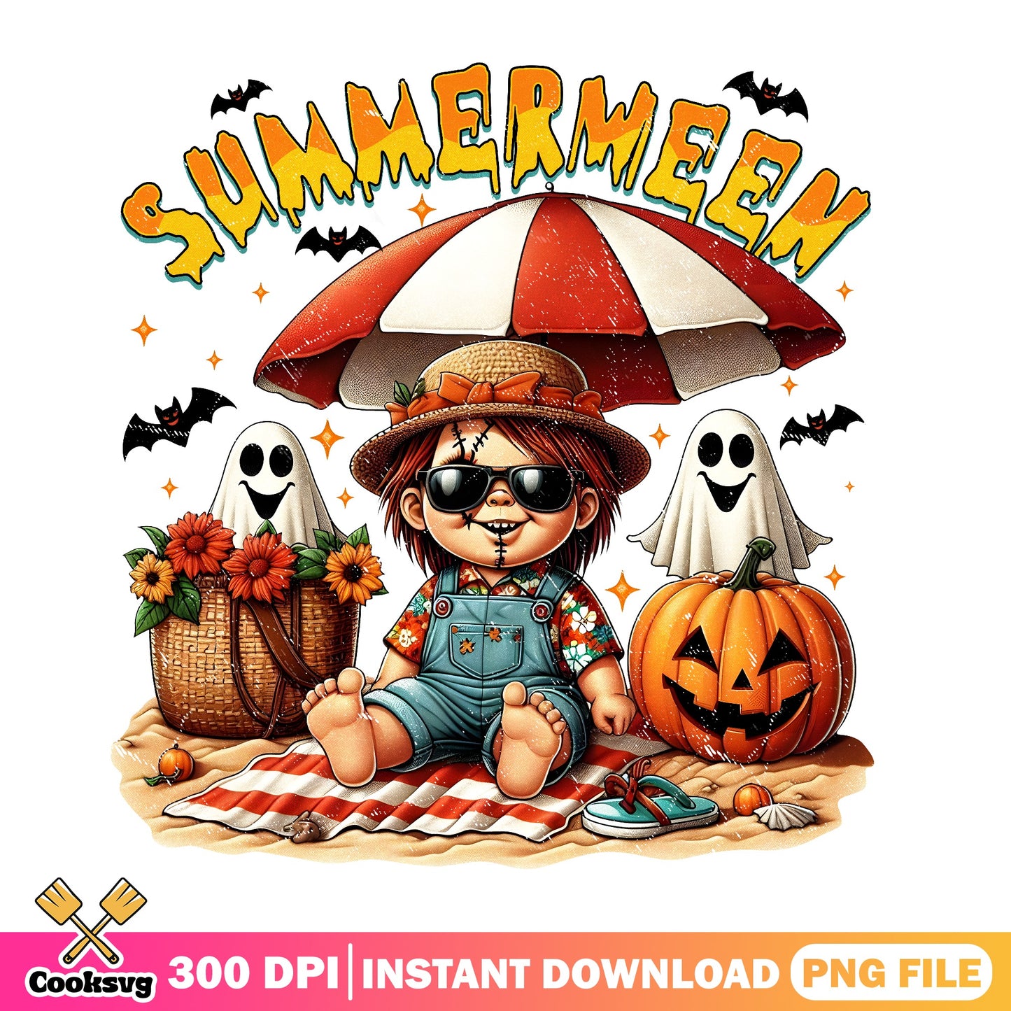 Summerween Chucky PNG, Halloween Beach PNG, Spooky Summer PNG