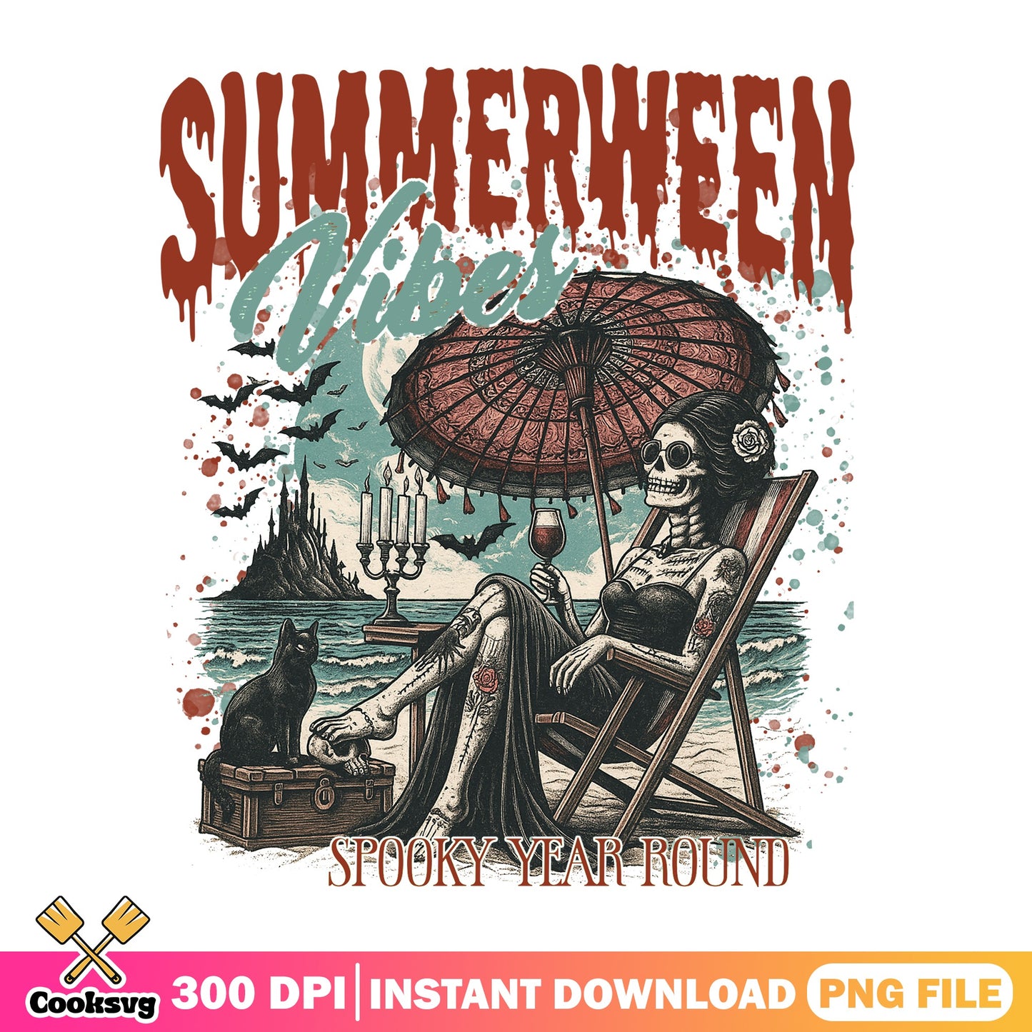 Summerween Vibes Skeleton Beach PNG, Spooky Summer PNG, Halloween PNG