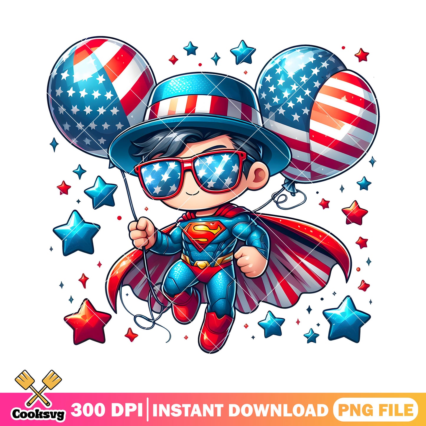 Superman cute in 4th of july png, balloon america png, 4th of july png