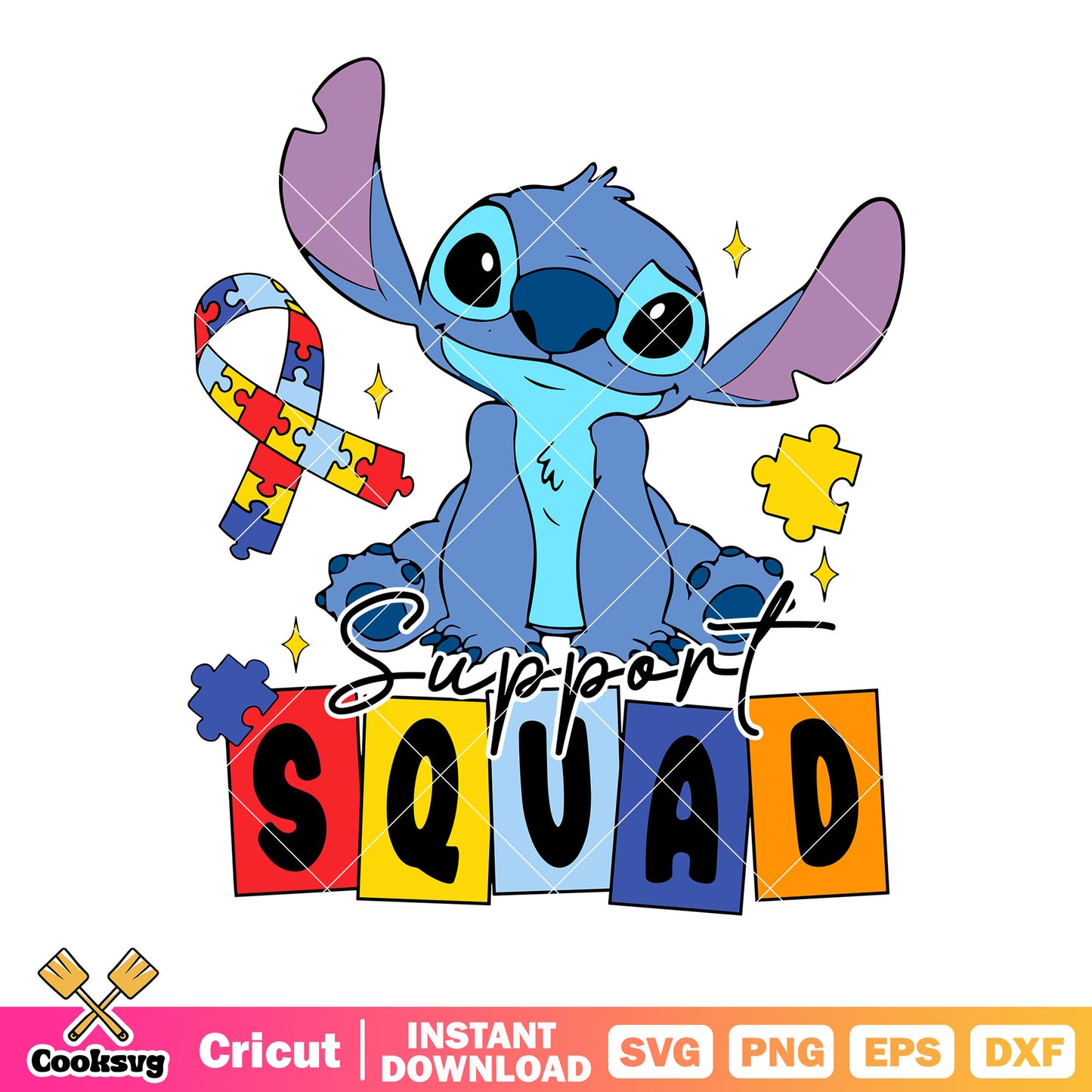 Support squad svg, puzzle ribbon svg, stitch character svg