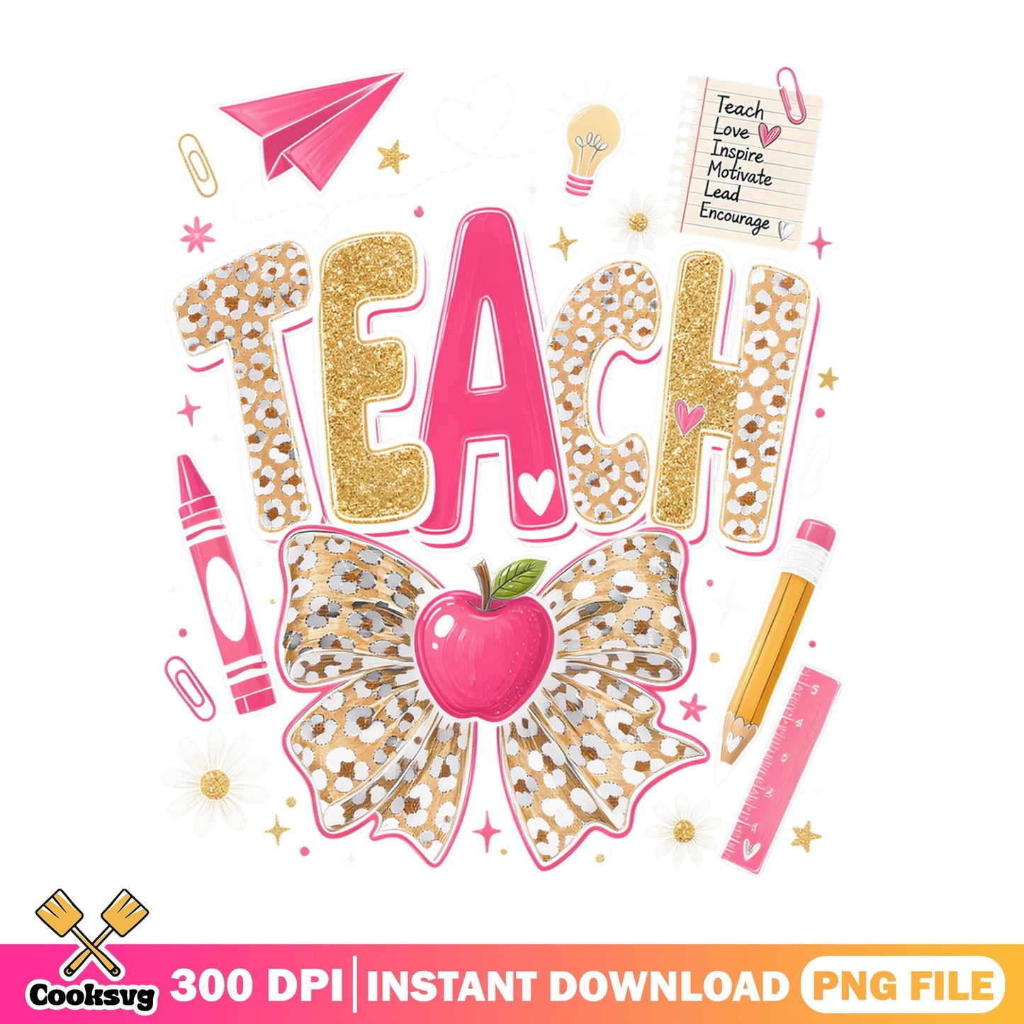 Teach PNG Sublimation, Teacher Leopard Bow PNG, Back To School PNG