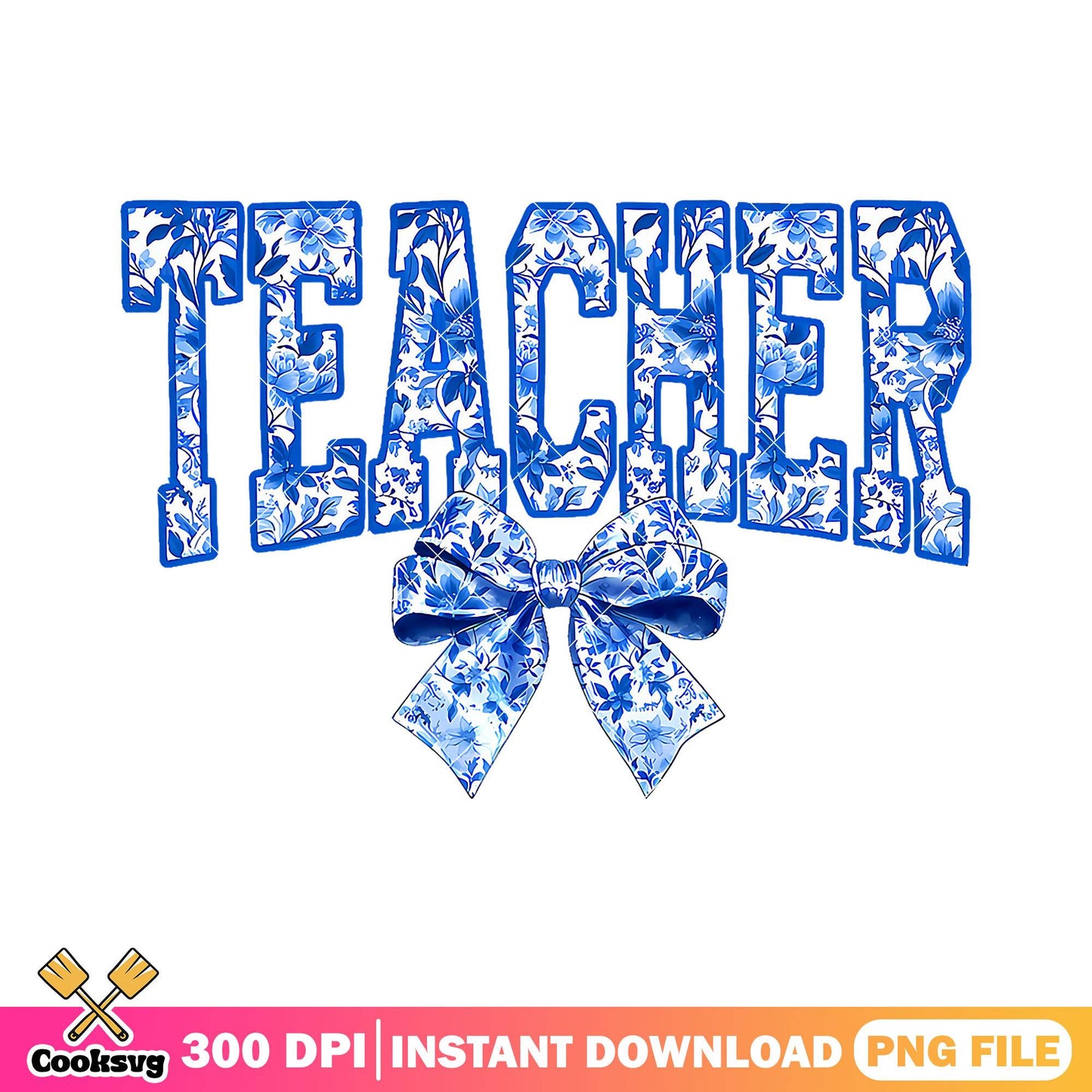 Teacher blue bow design png, back to school art png, cute font png
