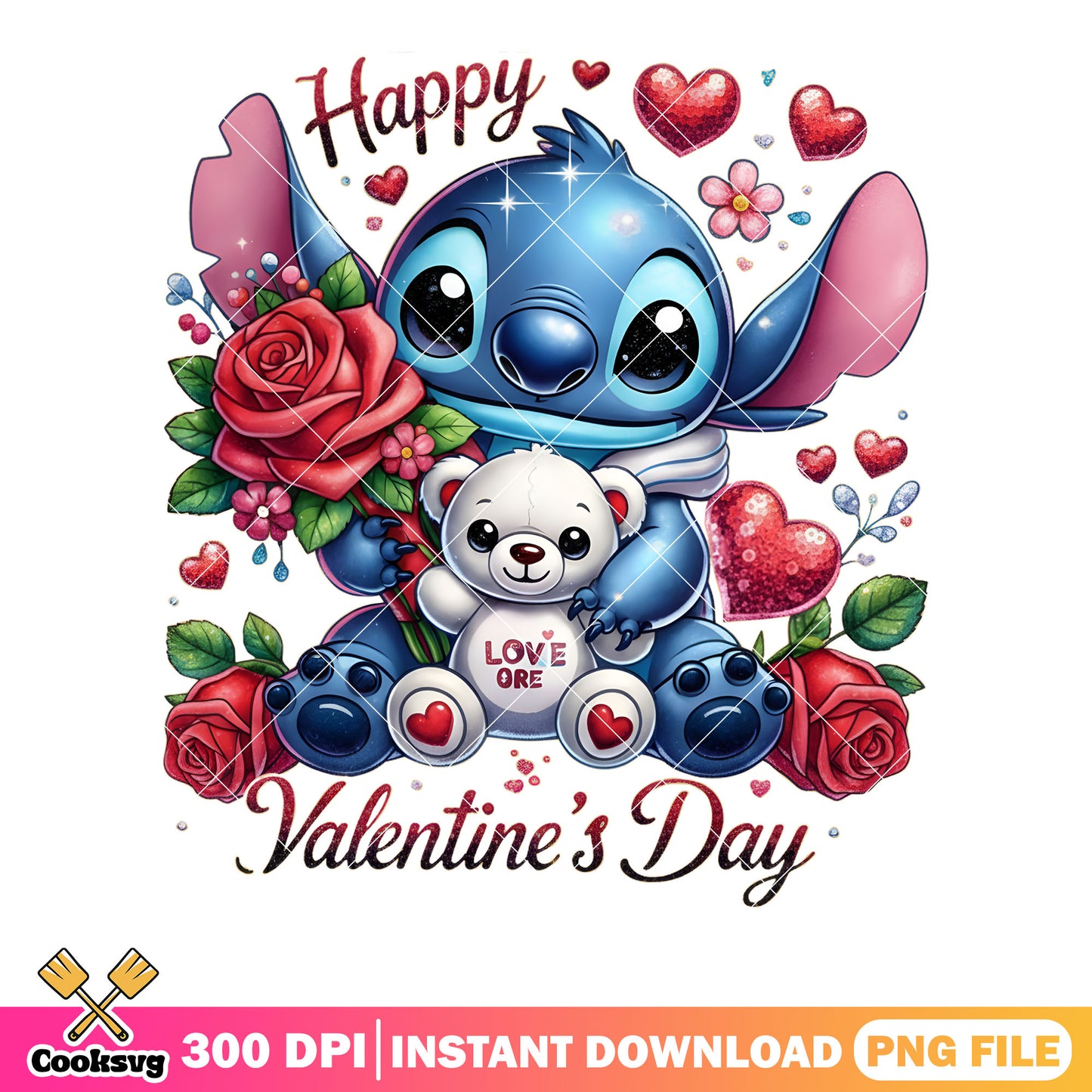 Teddy bear and stitch valentine png, love gifts png, disney valentine png