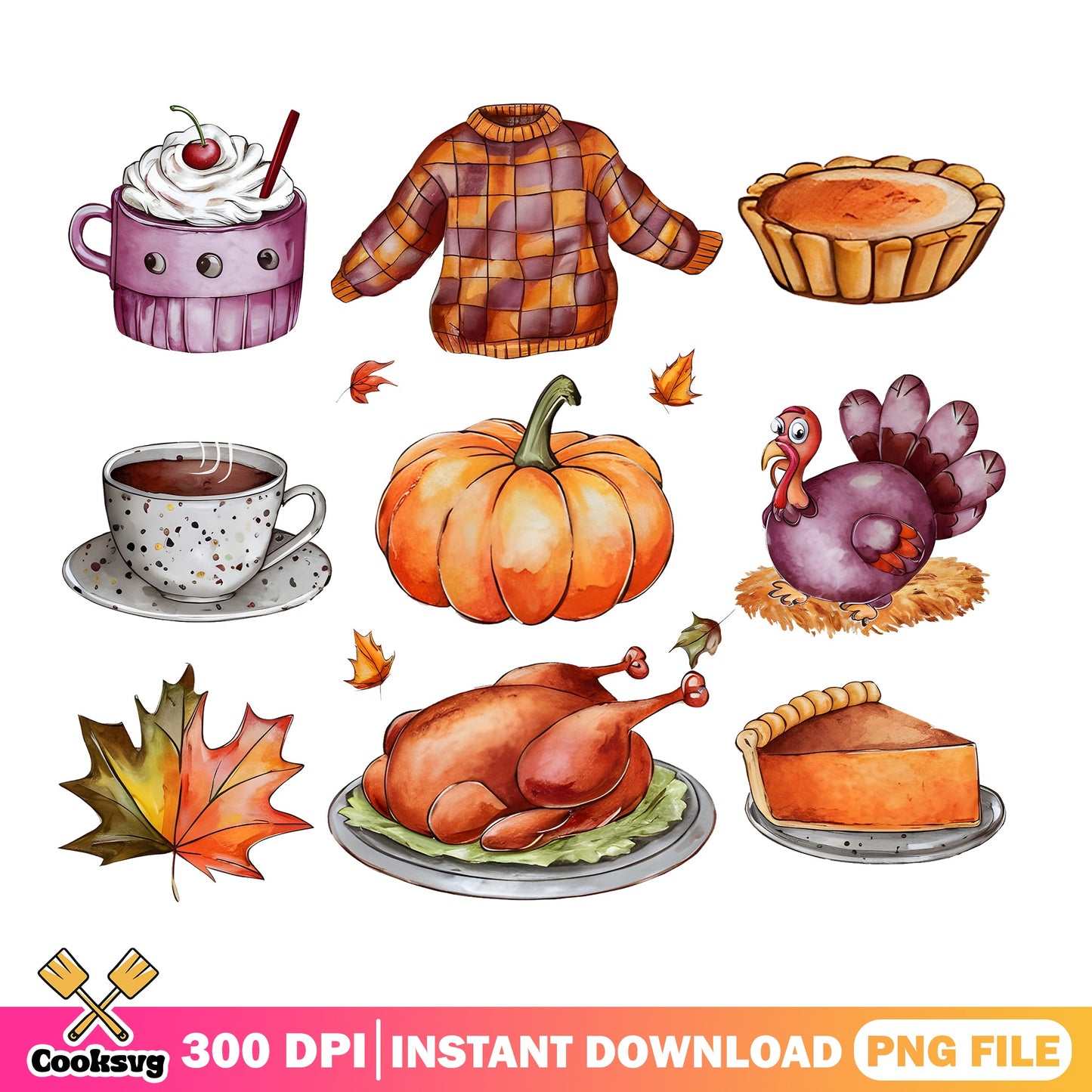 Thanksgiving Clipart Bundle PNG, Fall Autumn Clipart, Turkey Pumpkin PNG