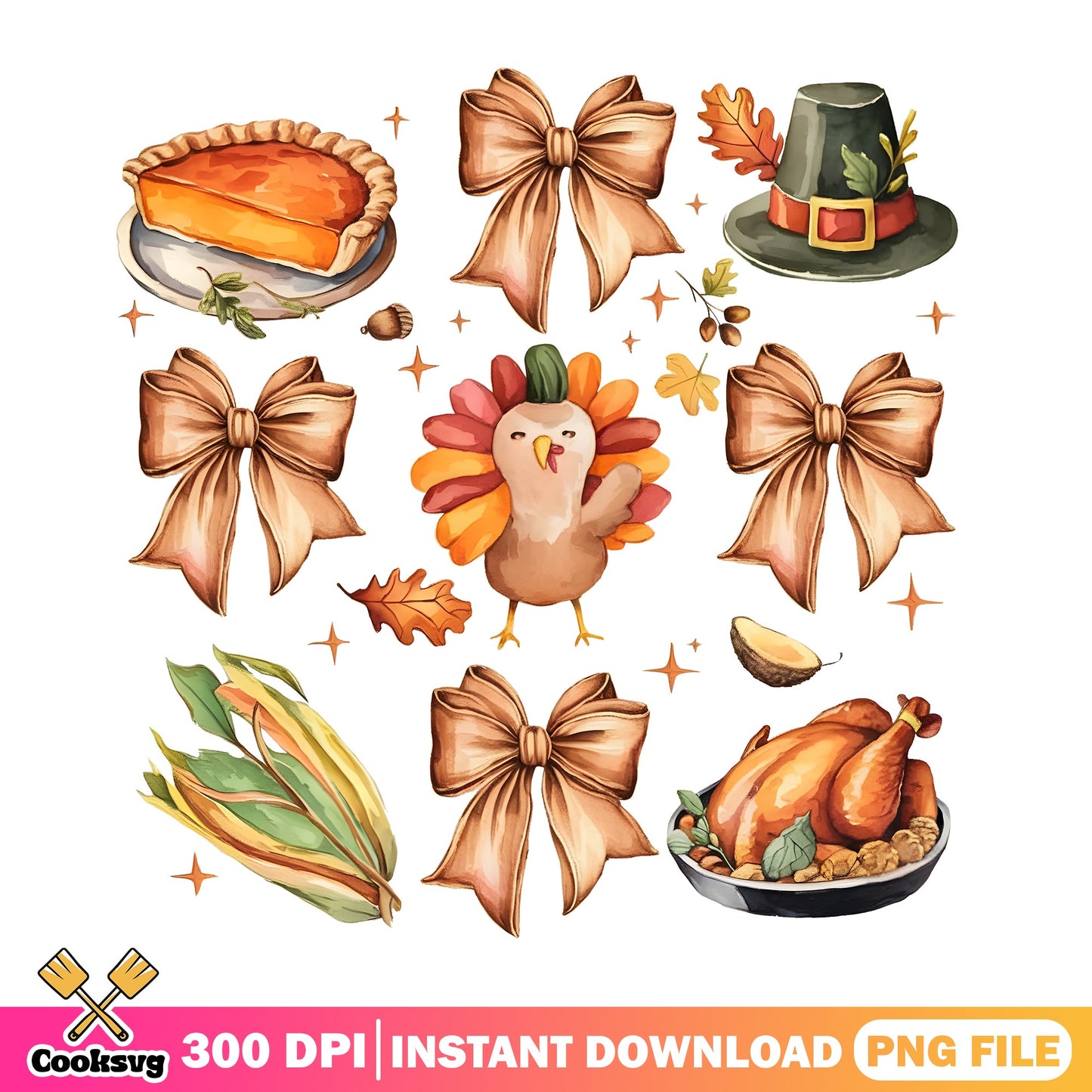 Thanksgiving Clipart PNG Bundle, Turkey Bow Fall Autumn, Thanksgiving PNG