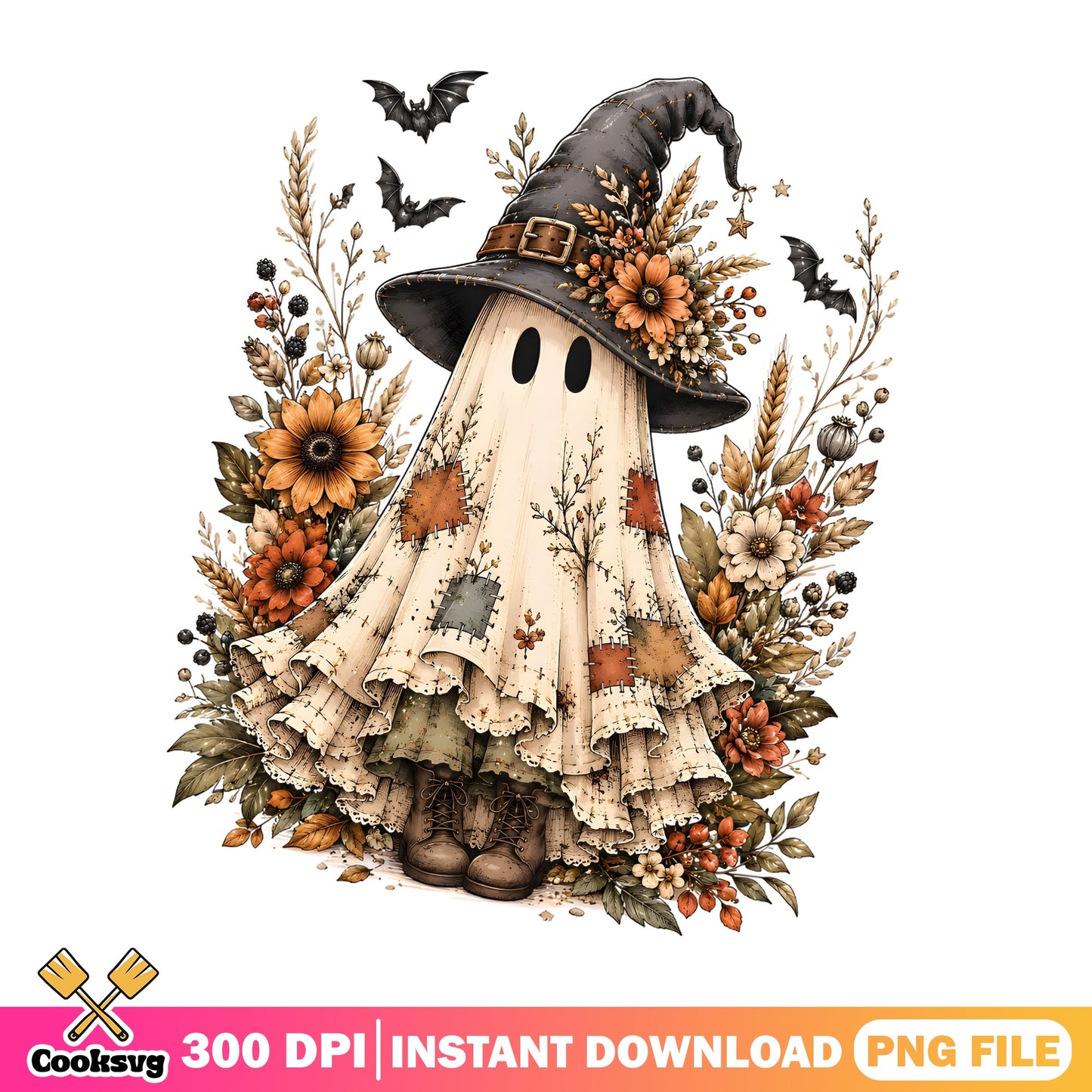 Vintage Floral Ghost Witch PNG, Halloween Ghost PNG, Boho Halloween PNG