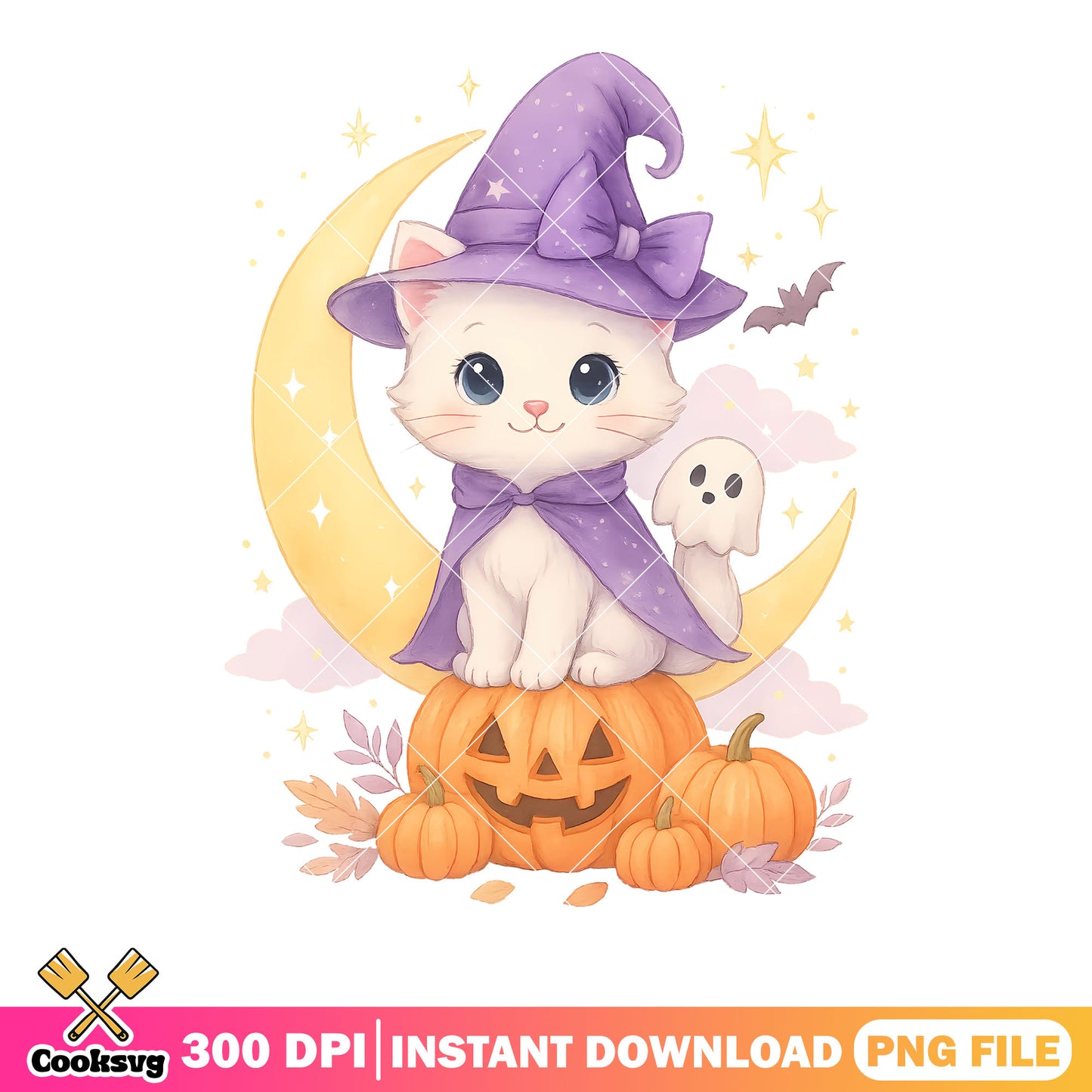 White baby cat with baby ghost png, witch hat png, scary halloween night png