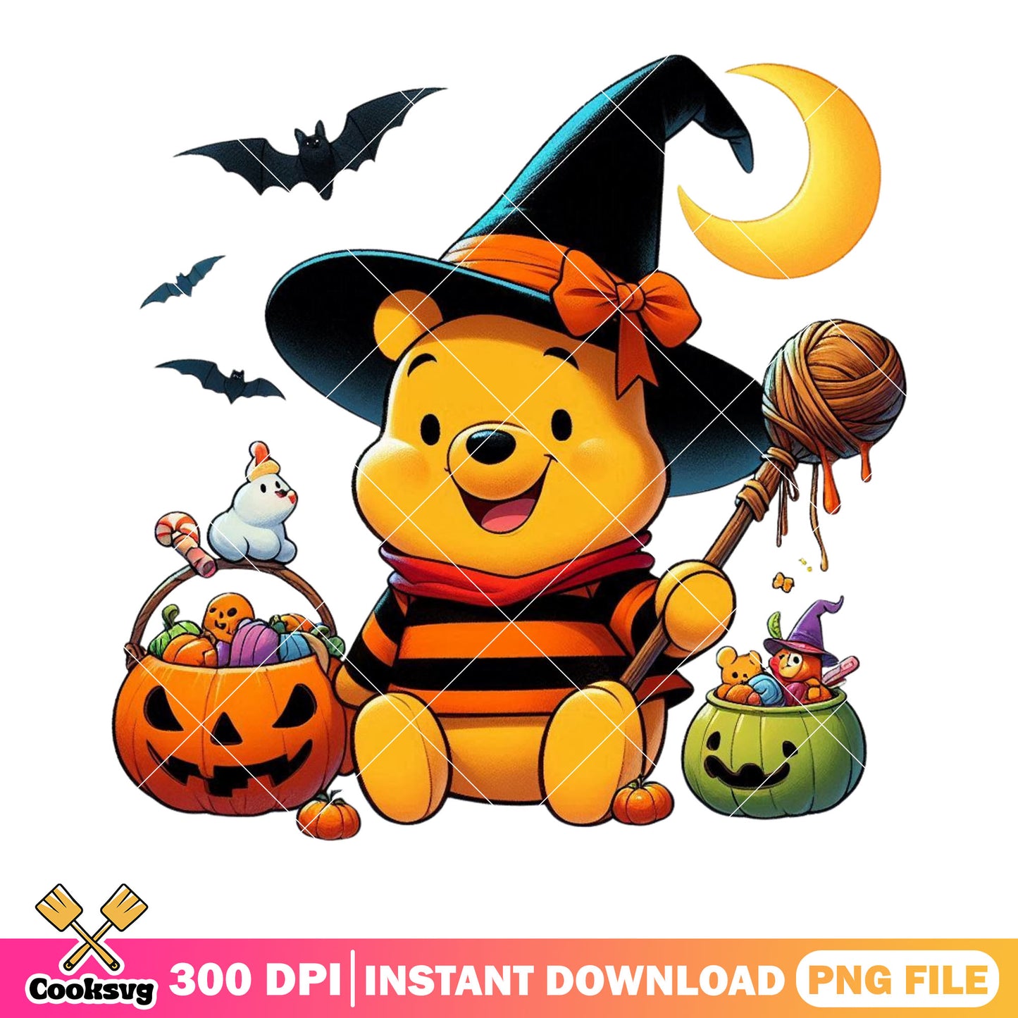 Winnie pooh wth witch png, cresent moon png, scary halloween night png
