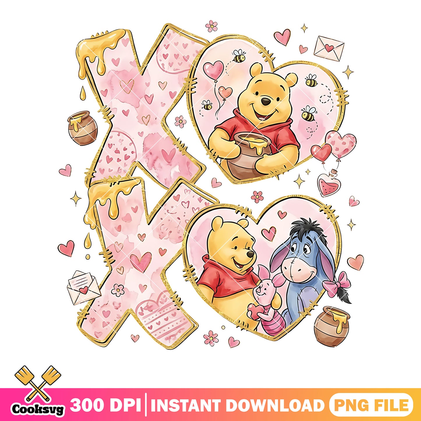 Winnie the pooh png,xo love theme png, watercolor hearts png