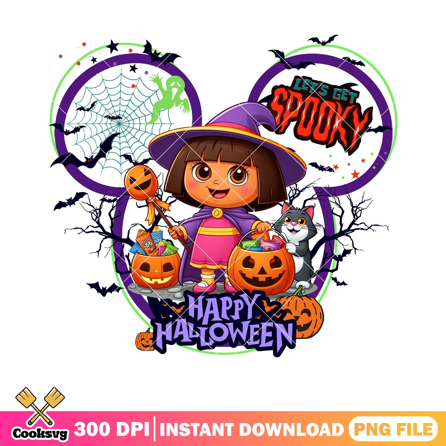 Witches dora and the cats png, wicker pumpkin png, happy halloween png