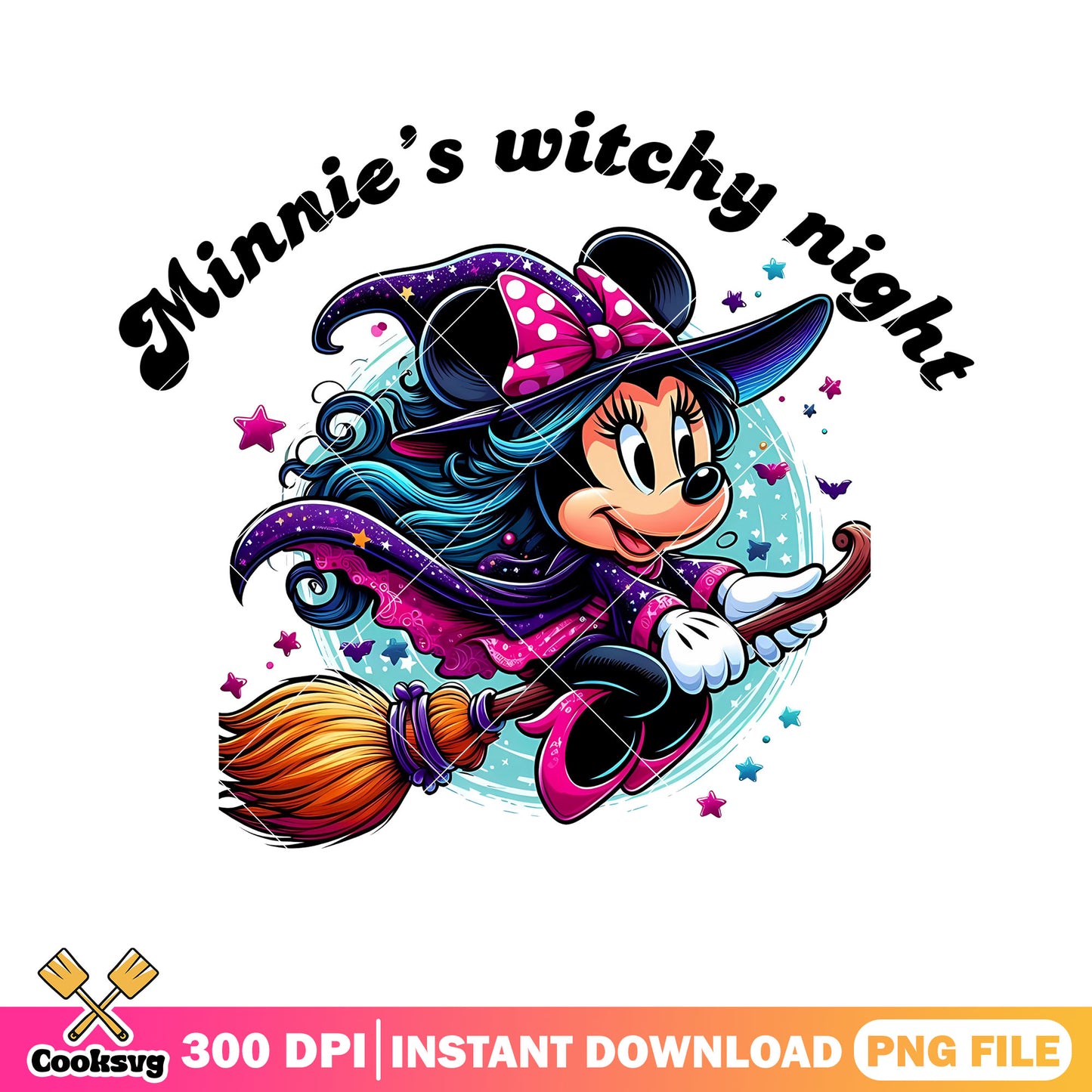 Witch night minnie png, ride the witche broom png, pink high heel png