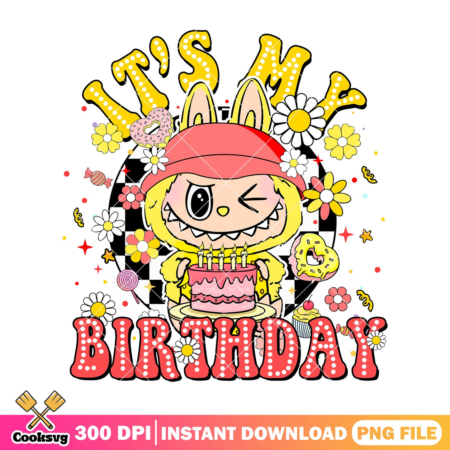 Yellow labubu birthday png, happy labubu png, labuubuu png