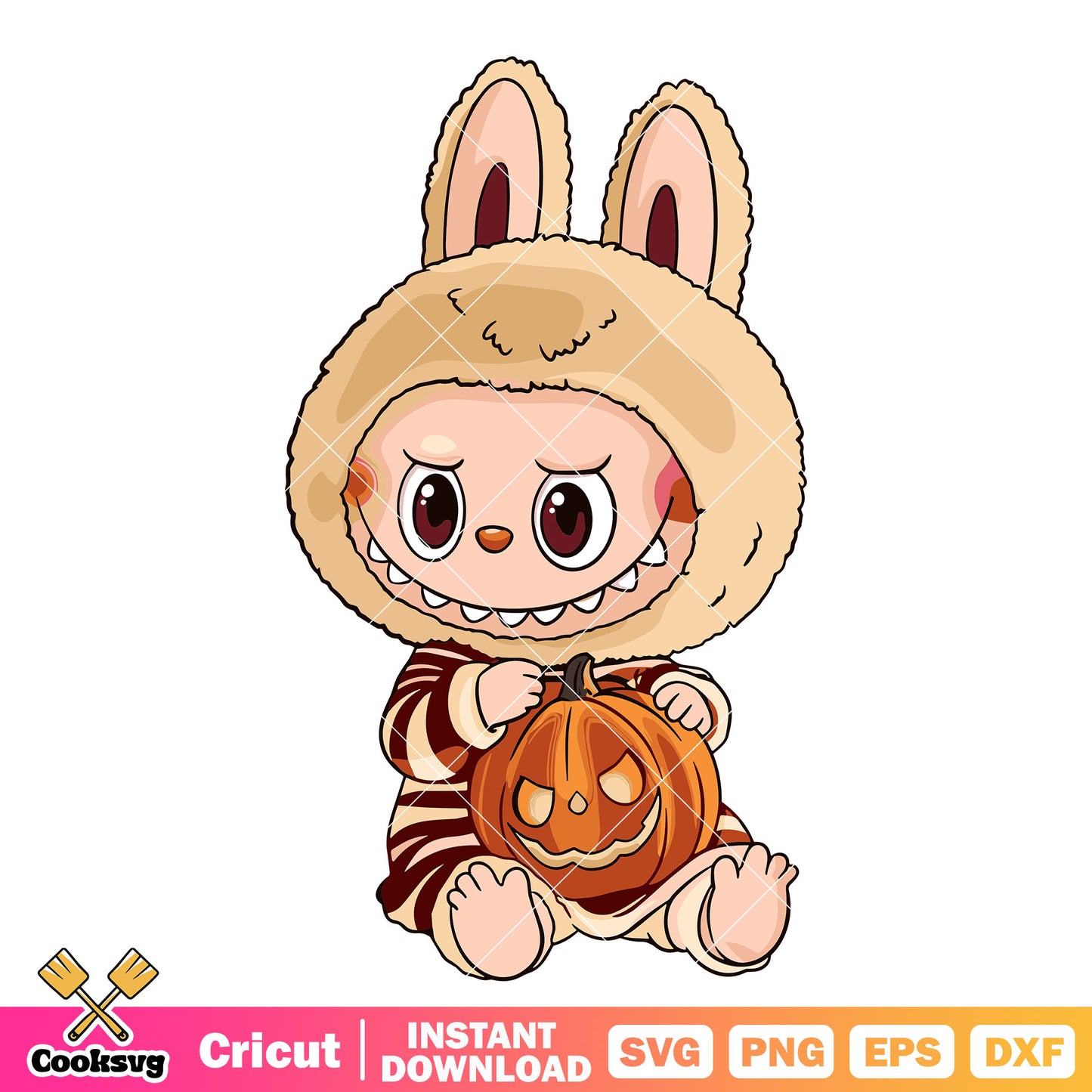 Yellow labubu with pumpkin svg, pumpkin labubu svg, labubu halloween svg