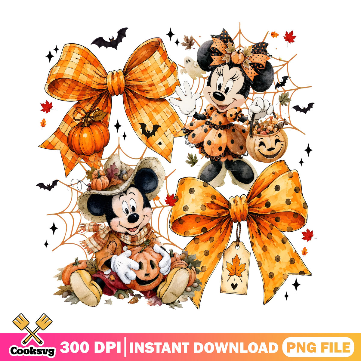 Mickey Minnie Fall Bows PNG, Scarecrow Mickey PNG, Autumn Pumpkin PNG