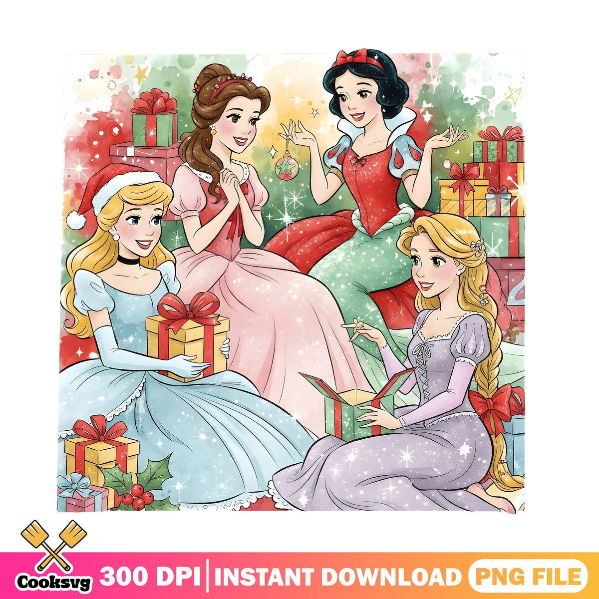 Princess Holiday Gathering PNG, Belle Snow White PNG, Disney Xmas PNG