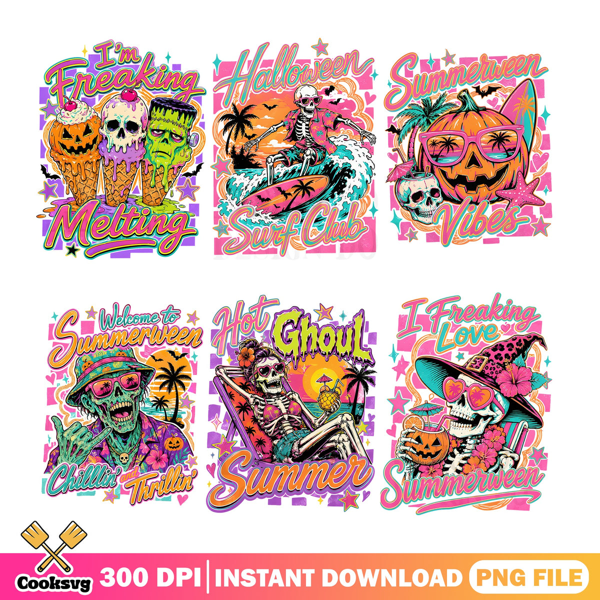 Summerween Bundle PNG, Halloween Summer Skeleton PNG, Retro PNG