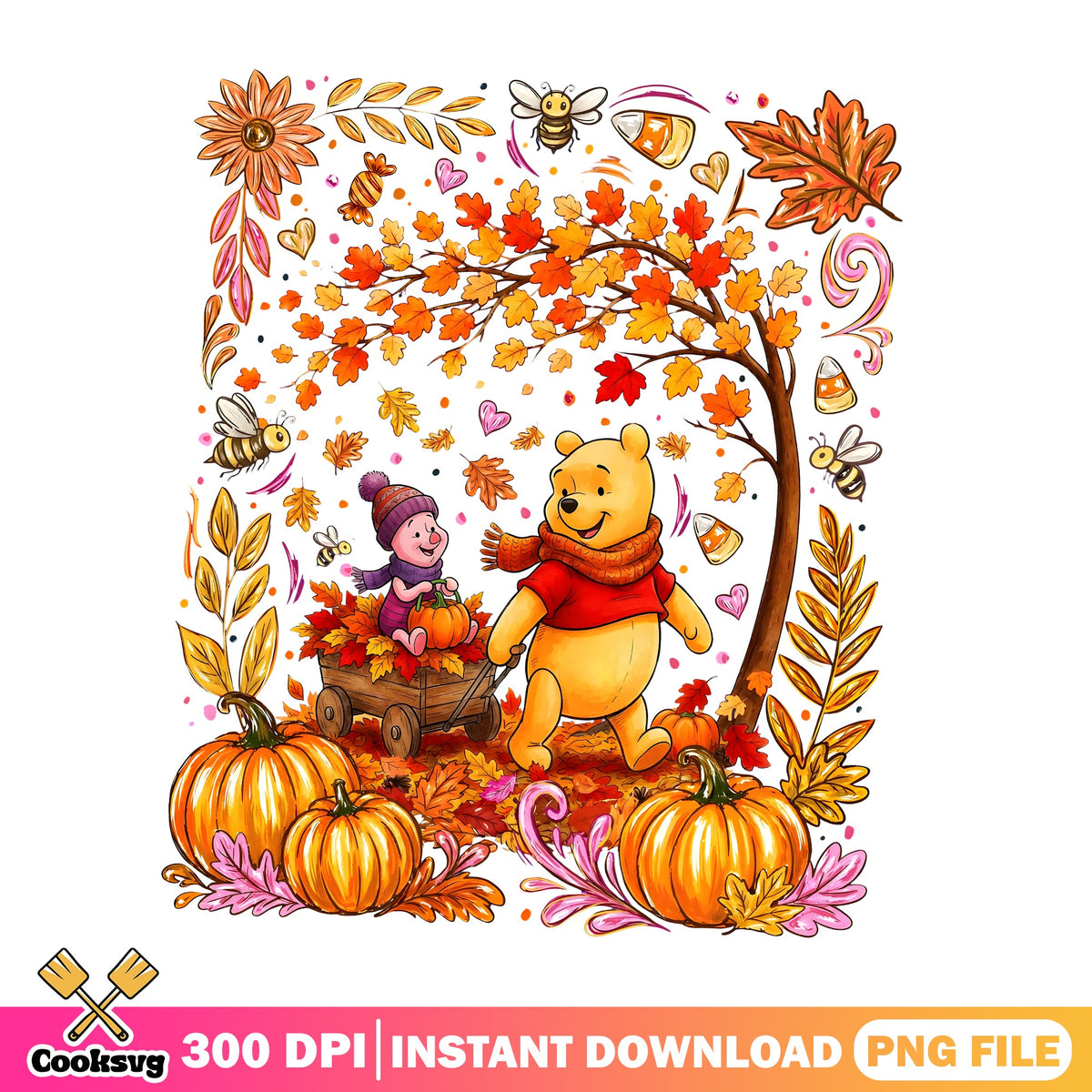 Pooh Piglet Autumn Pumpkins PNG, Fall Wagon PNG, Maple Leaves PNG