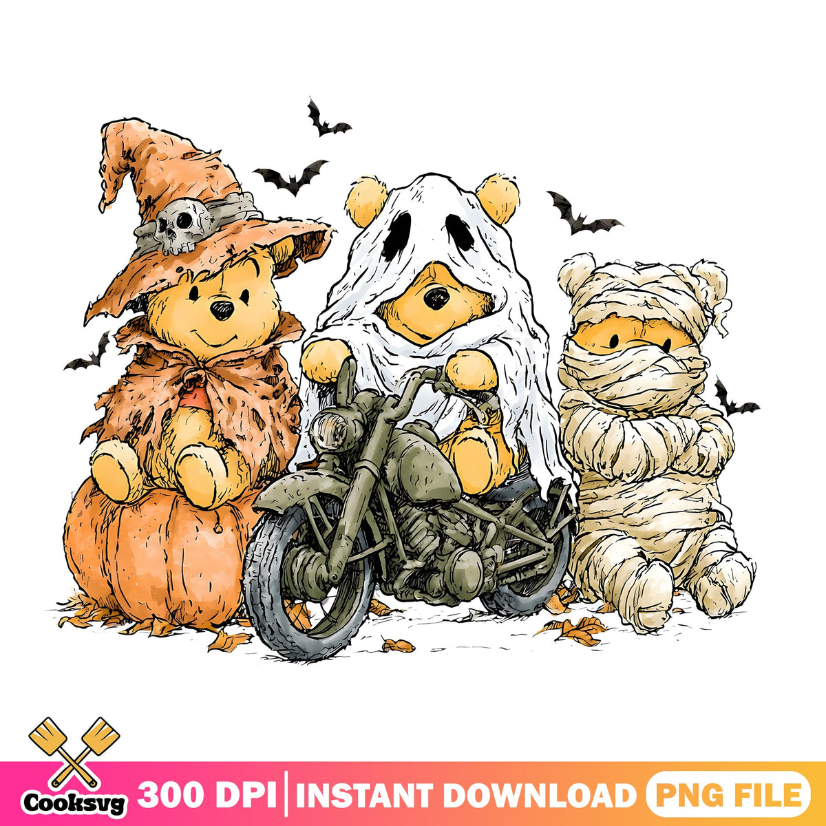 Pooh Trio Costumes Motorcycle PNG, Winnie Pooh PNG, Spooky Squad PNG