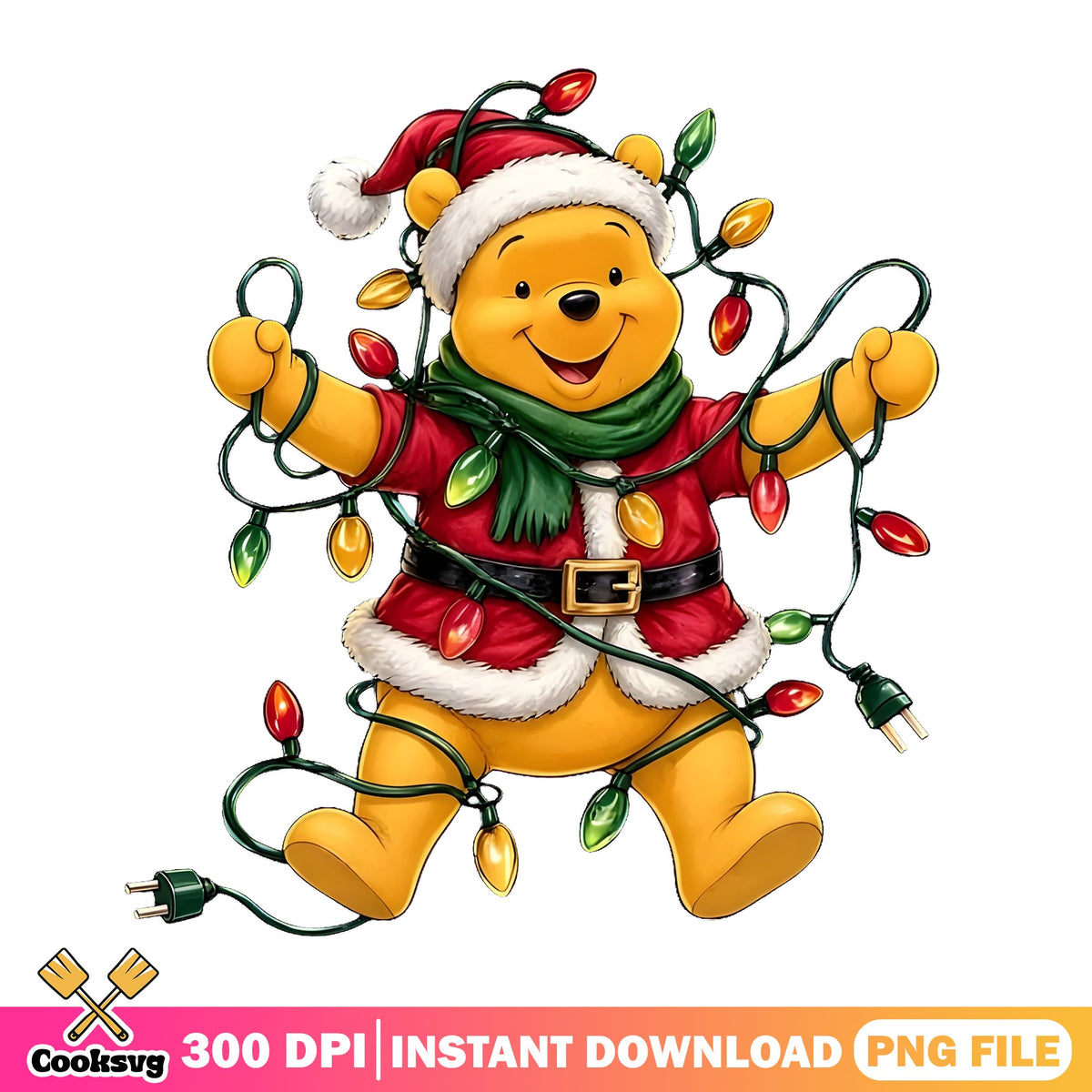 Pooh Santa Christmas Lights PNG, Winnie The Pooh PNG, Green Scarf PNG