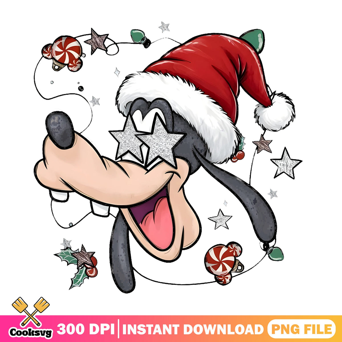 Goofy Star Eyes Santa Hat PNG, Disney Goofy PNG, Glitter Stars PNG