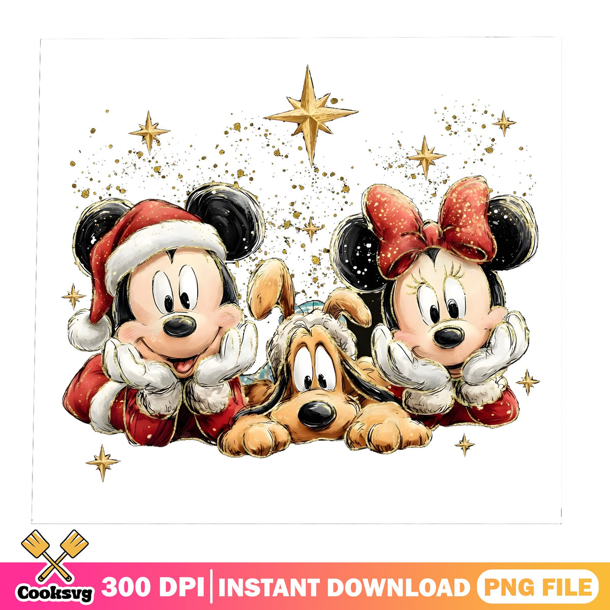 Watercolor Mickey Minnie Pluto PNG, Santa Mickey PNG, Gold Stars PNG